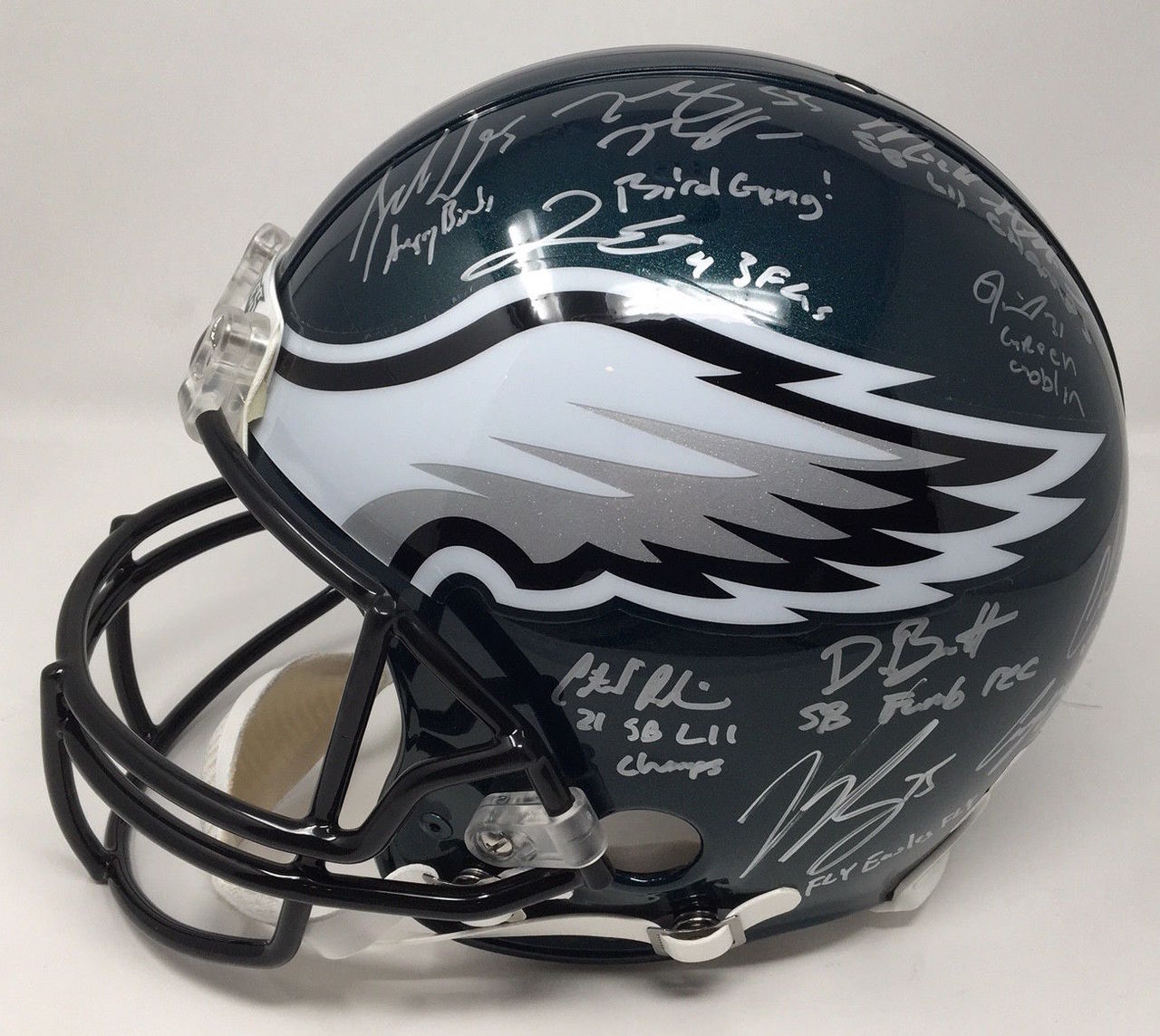 2017 Philadelphia Eagles LE Authentic On-Field Full-Size Helmet Team-Signed by (20) with Nick Foles, Fletcher Cox, Carson Wentz, Jay Ajayi with Multiple Inscriptions (Fanatics Hologram) at PristineAuction.com 2017 Philadelphia Eagles LE Authentic On-Field Full-Size Helmet Team-Signed by (20) with Nick Foles, Fletcher Cox, Carson Wentz, Jay Ajayi with Multiple Inscriptions (Fanatics Hologram) at PristineAuction.com