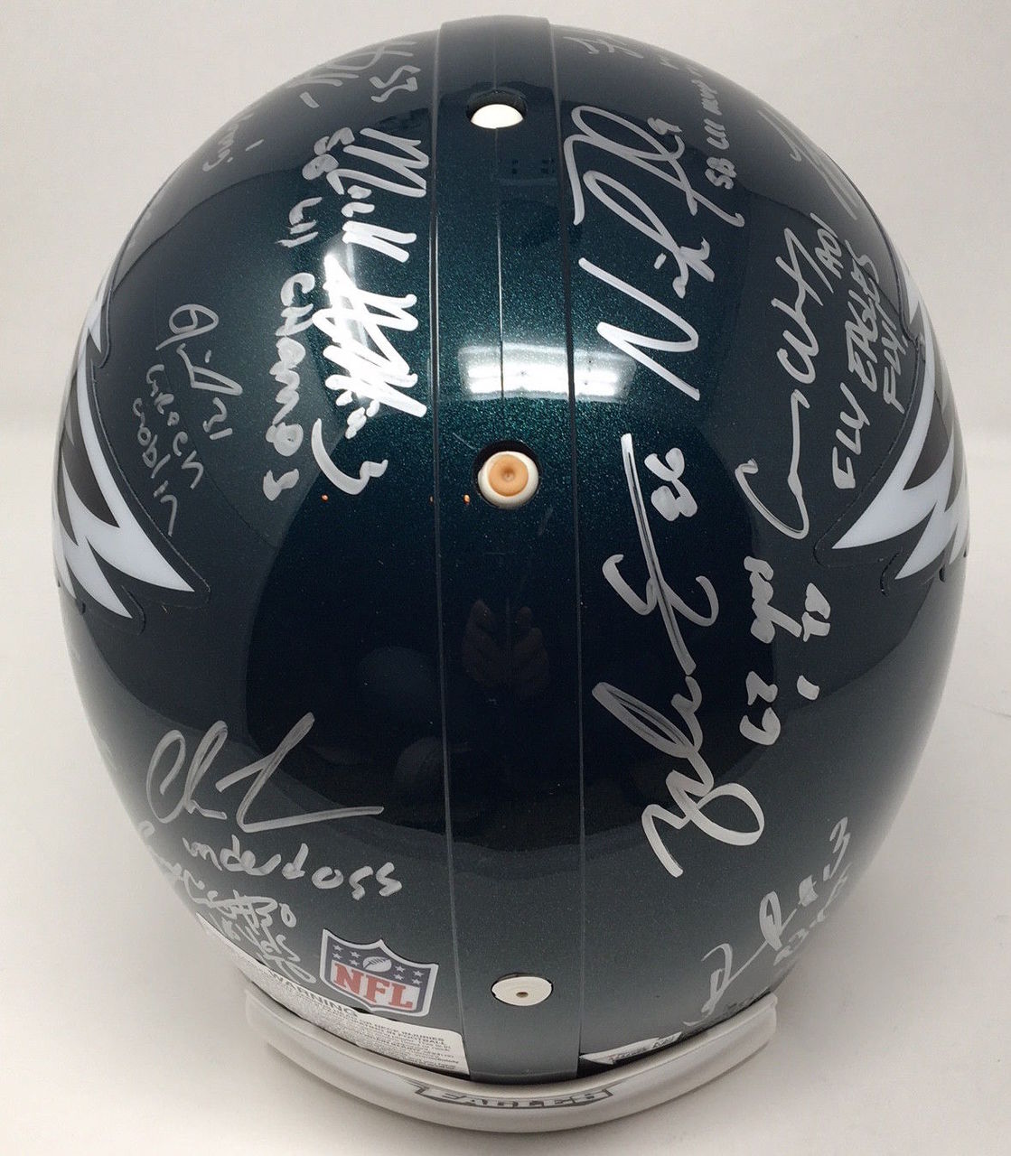 2017 Philadelphia Eagles LE Authentic On-Field Full-Size Helmet Team-Signed by (20) with Nick Foles, Fletcher Cox, Carson Wentz, Jay Ajayi with Multiple Inscriptions (Fanatics Hologram) at PristineAuction.com 2017 Philadelphia Eagles LE Authentic On-Field Full-Size Helmet Team-Signed by (20) with Nick Foles, Fletcher Cox, Carson Wentz, Jay Ajayi with Multiple Inscriptions (Fanatics Hologram) at PristineAuction.com