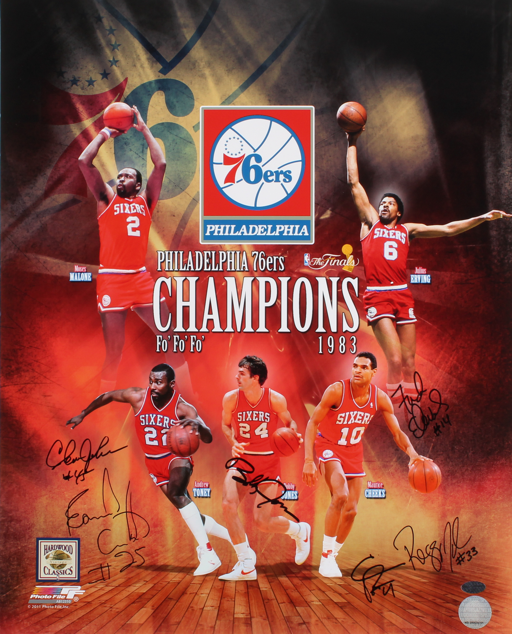 1983 76ers Champions 16x20 Photo Signed by (6) with Clint Richardson, Franklin Edwards, Clemon Johnson (Leaf) at PristineAuction.com 1983 76ers Champions 16x20 Photo Signed by (6) with Clint Richardson, Franklin Edwards, Clemon Johnson (Leaf) at PristineAuction.com