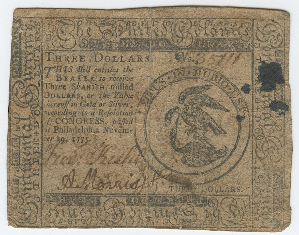 1775 Three Dollars Continental Currency Bank Note at PristineAuction.com 1775 Three Dollars Continental Currency Bank Note at PristineAuction.com