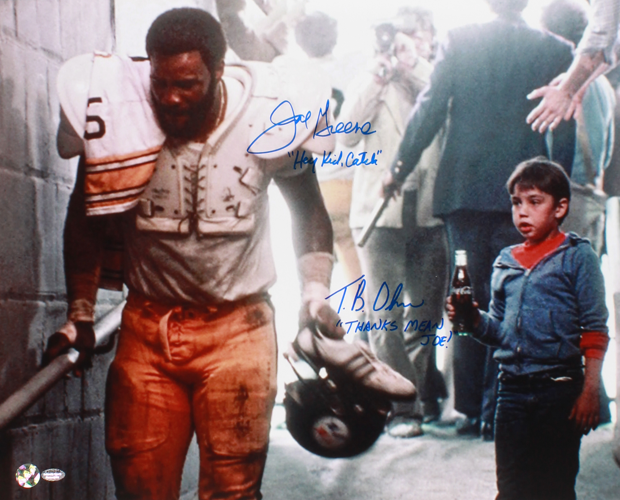 Joe Greene & Tommy Okron Signed "Hey Kid, Catch" Coca Cola Commercial 16x20 Photo Inscribed "Hey Kid, Catch" & "Thanks Mean Joe!" (Schwartz COA & Greene Hologram) at PristineAuction.com Joe Greene & Tommy Okron Signed "Hey Kid, Catch" Coca Cola Commercial 16x20 Photo Inscribed "Hey Kid, Catch" & "Thanks Mean Joe!" (Schwartz COA & Greene Hologram) at PristineAuction.com