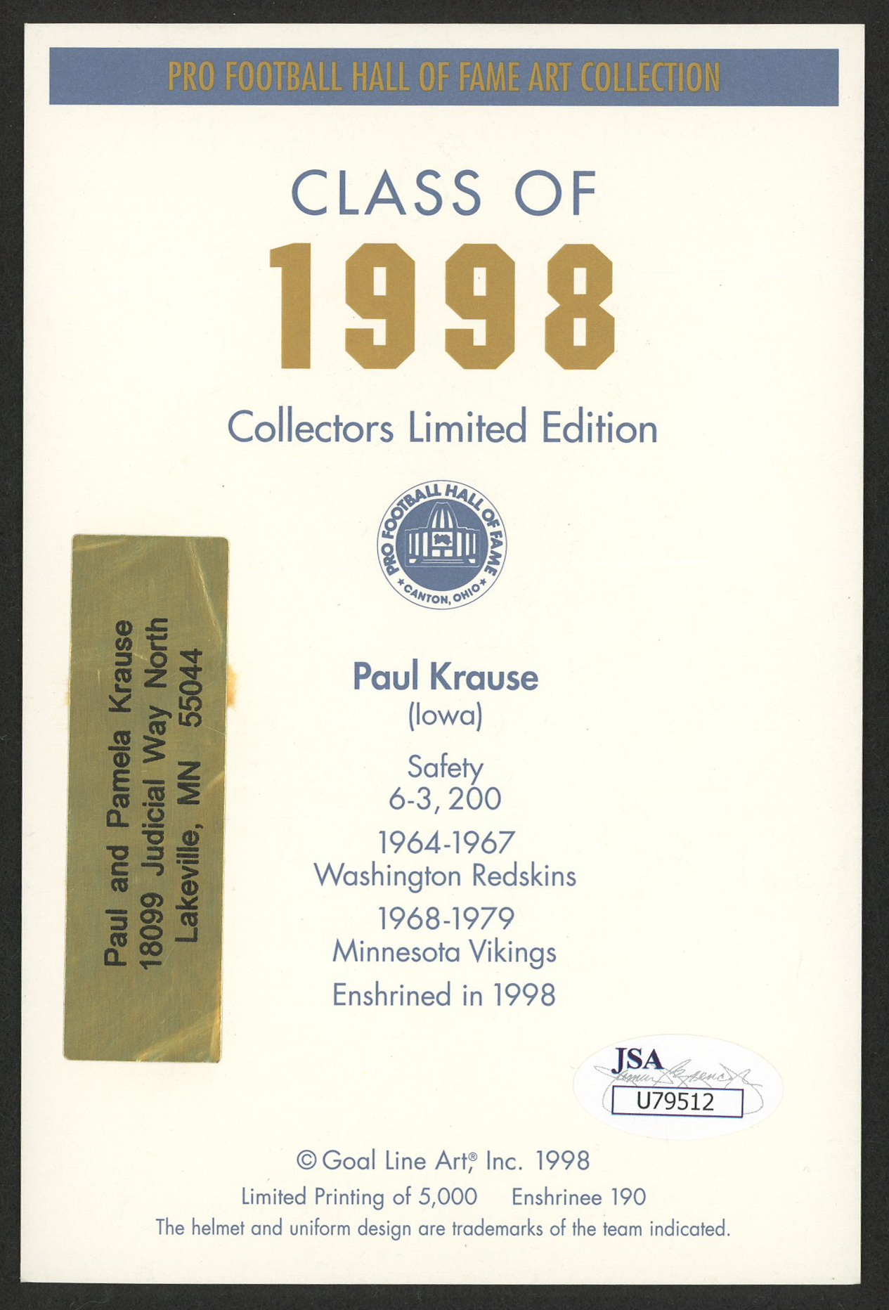 Paul Krause Signed Vikings LE 4x6 Pro Football Hall of Fame Art Series (JSA COA) at PristineAuction.com Paul Krause Signed Vikings LE 4x6 Pro Football Hall of Fame Art Series (JSA COA) at PristineAuction.com