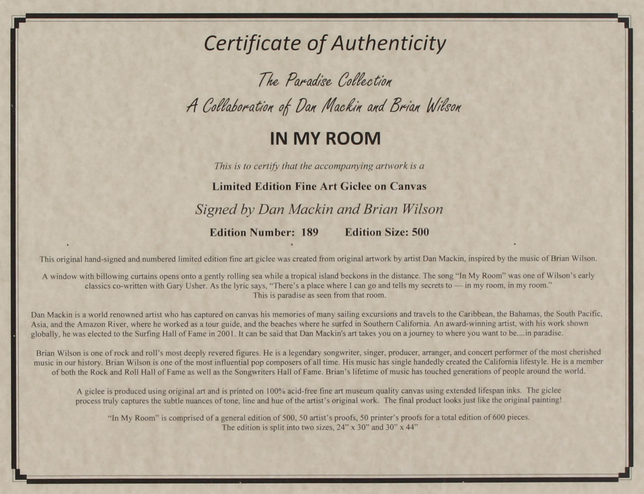 Dan Mackin & Brian Wilson Signed "In My Room" Limited Edition 34" x 50" Fine Art Giclee on Canvas #189/500 (PA LOA) at PristineAuction.com Dan Mackin & Brian Wilson Signed "In My Room" Limited Edition 34" x 50" Fine Art Giclee on Canvas #189/500 (PA LOA) at PristineAuction.com