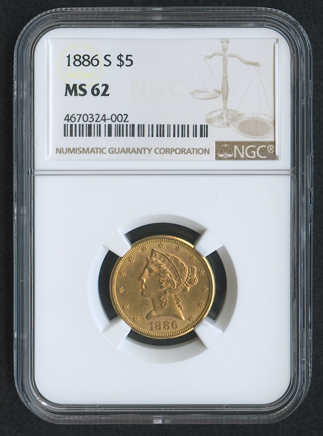 1886-S $5 Liberty Head Half Eagle Gold Coin (NGC MS 62) at PristineAuction.com 1886-S $5 Liberty Head Half Eagle Gold Coin (NGC MS 62) at PristineAuction.com