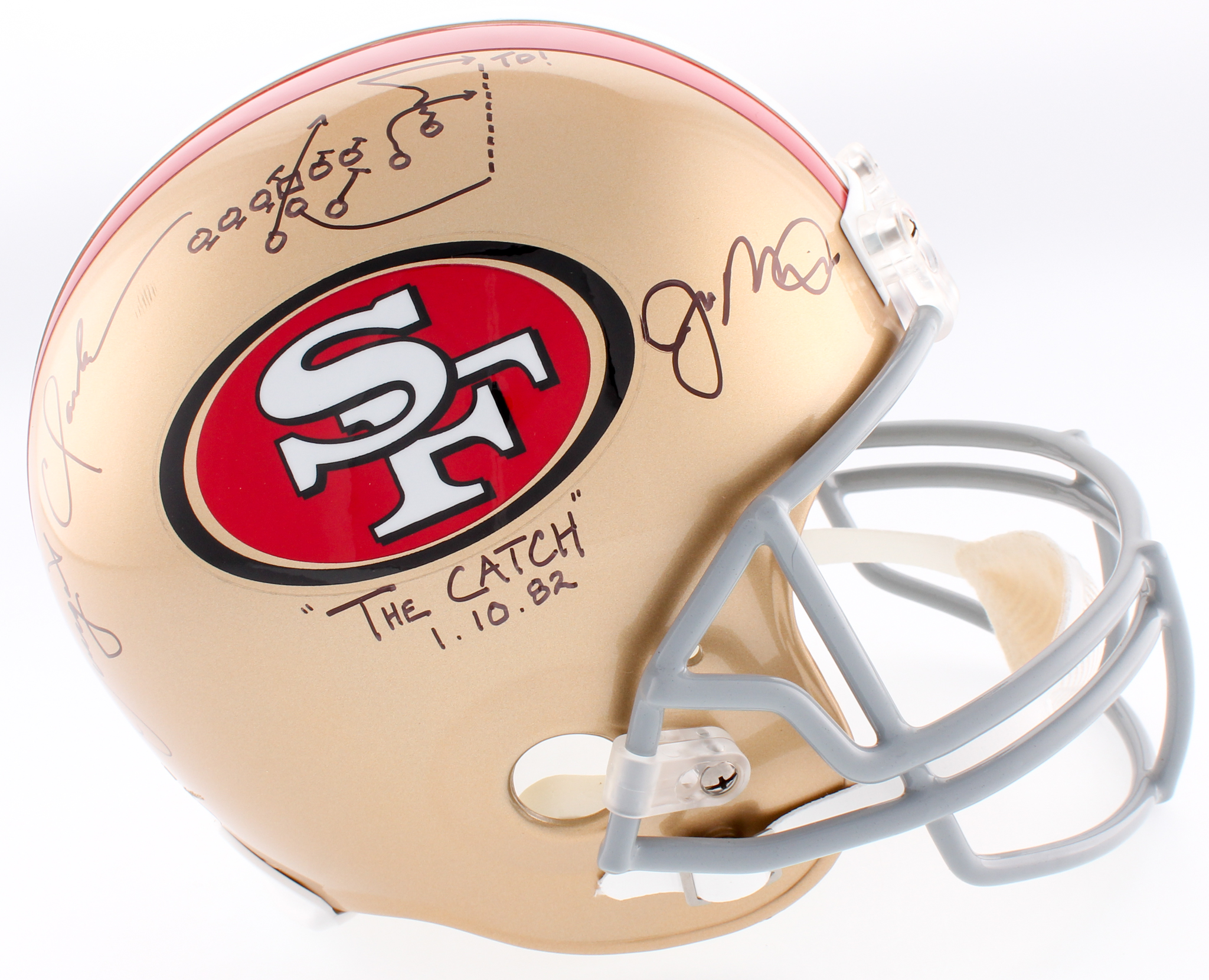 Joe Montana & Dwight Clark Signed 49ers Full-Size Helmet Inscribed "The Catch" & "1-10-82" with Hand-Drawn Play (JSA COA) at PristineAuction.com Joe Montana & Dwight Clark Signed 49ers Full-Size Helmet Inscribed "The Catch" & "1-10-82" with Hand-Drawn Play (JSA COA) at PristineAuction.com