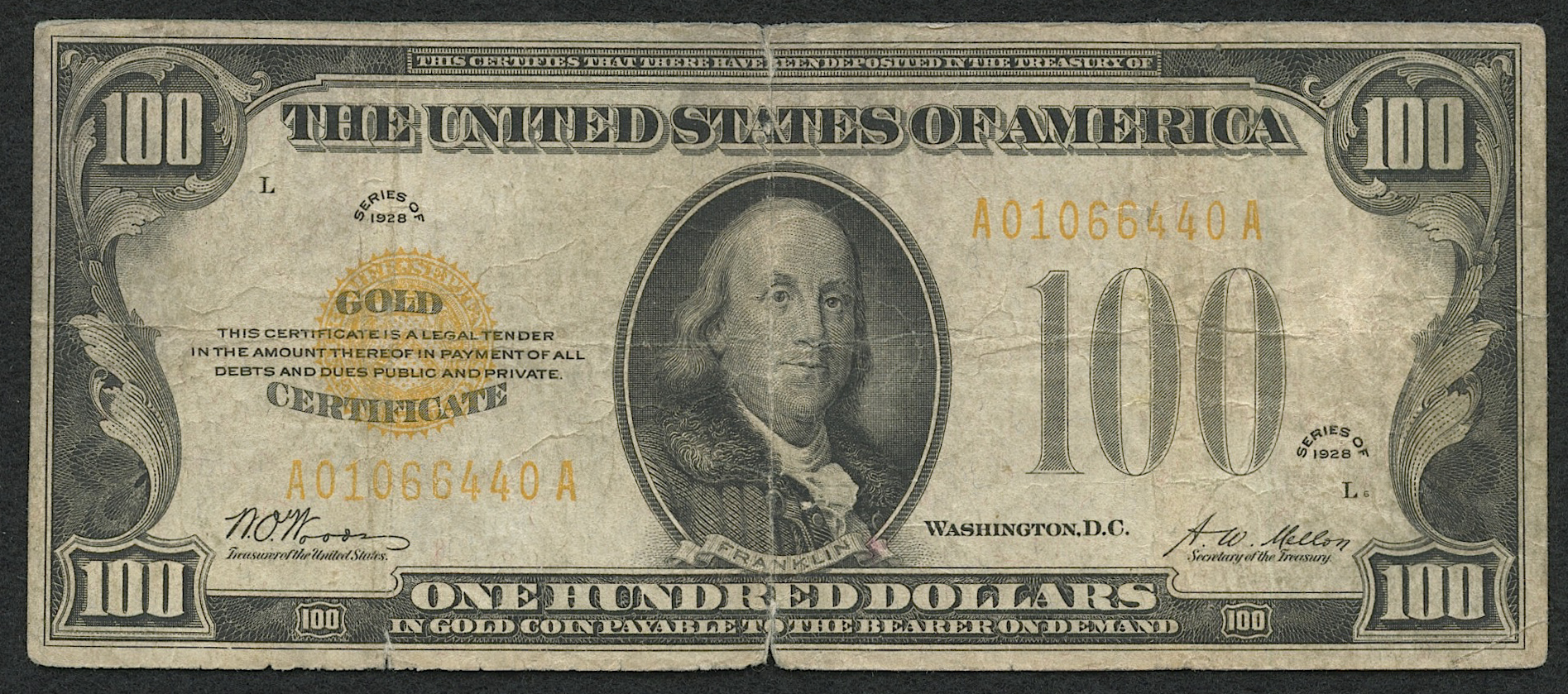 1928 $100 One Hundred Dollars U.S. Gold Certificate Currency Bank Note at PristineAuction.com 1928 $100 One Hundred Dollars U.S. Gold Certificate Currency Bank Note at PristineAuction.com