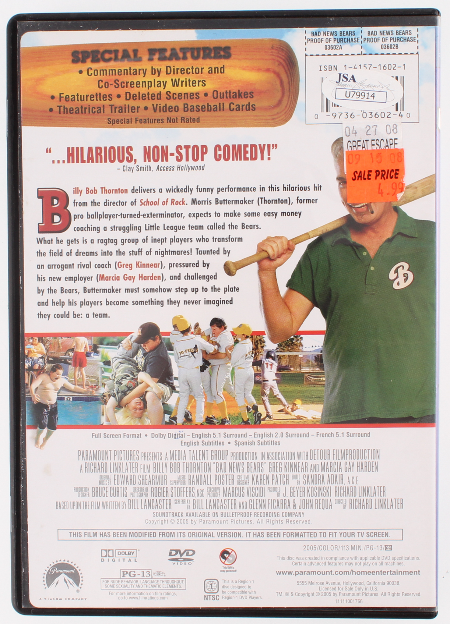 Billy Bob Thornton Signed "Bad News Bears" DVD Cover Inscribed "08" (JSA COA) at PristineAuction.com Billy Bob Thornton Signed "Bad News Bears" DVD Cover Inscribed "08" (JSA COA) at PristineAuction.com