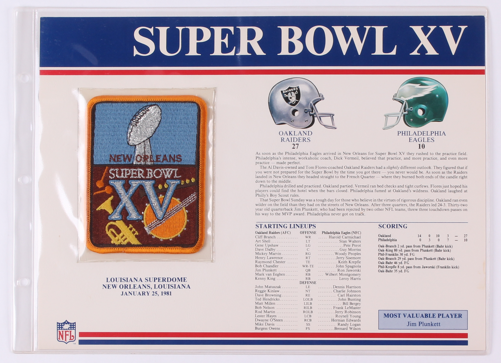 Commemorative Super Bowl XV Score Card With Patch at PristineAuction.com Commemorative Super Bowl XV Score Card With Patch at PristineAuction.com