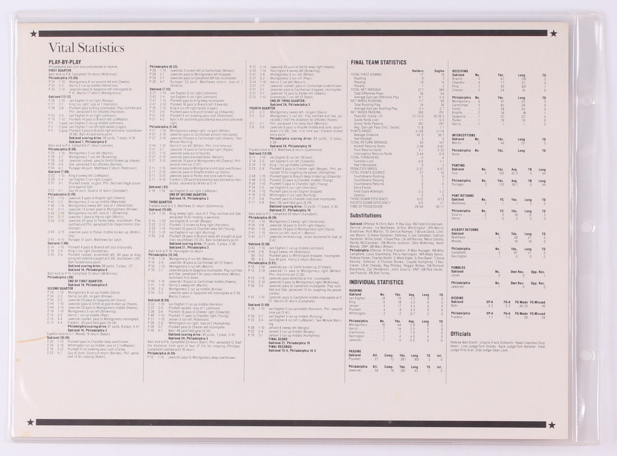 Commemorative Super Bowl XV Score Card With Patch at PristineAuction.com Commemorative Super Bowl XV Score Card With Patch at PristineAuction.com