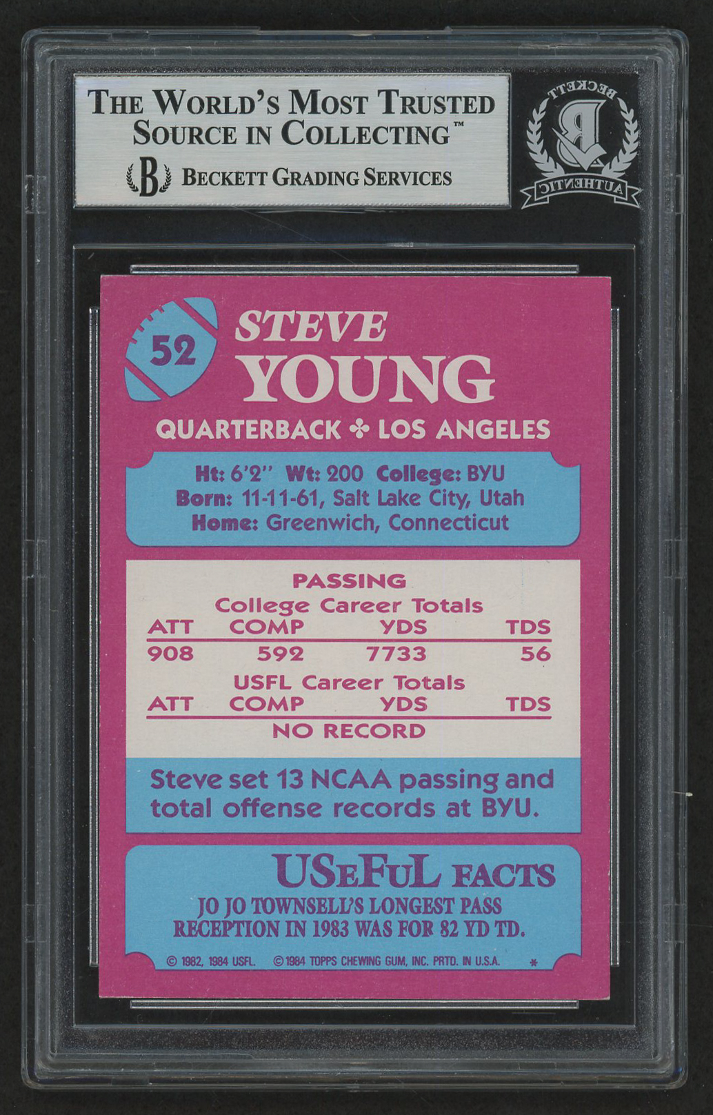 Steve Young Signed 1984 Topps USFL #52 Rookie Card (Beckett Encapsulated) at PristineAuction.com Steve Young Signed 1984 Topps USFL #52 Rookie Card (Beckett Encapsulated) at PristineAuction.com