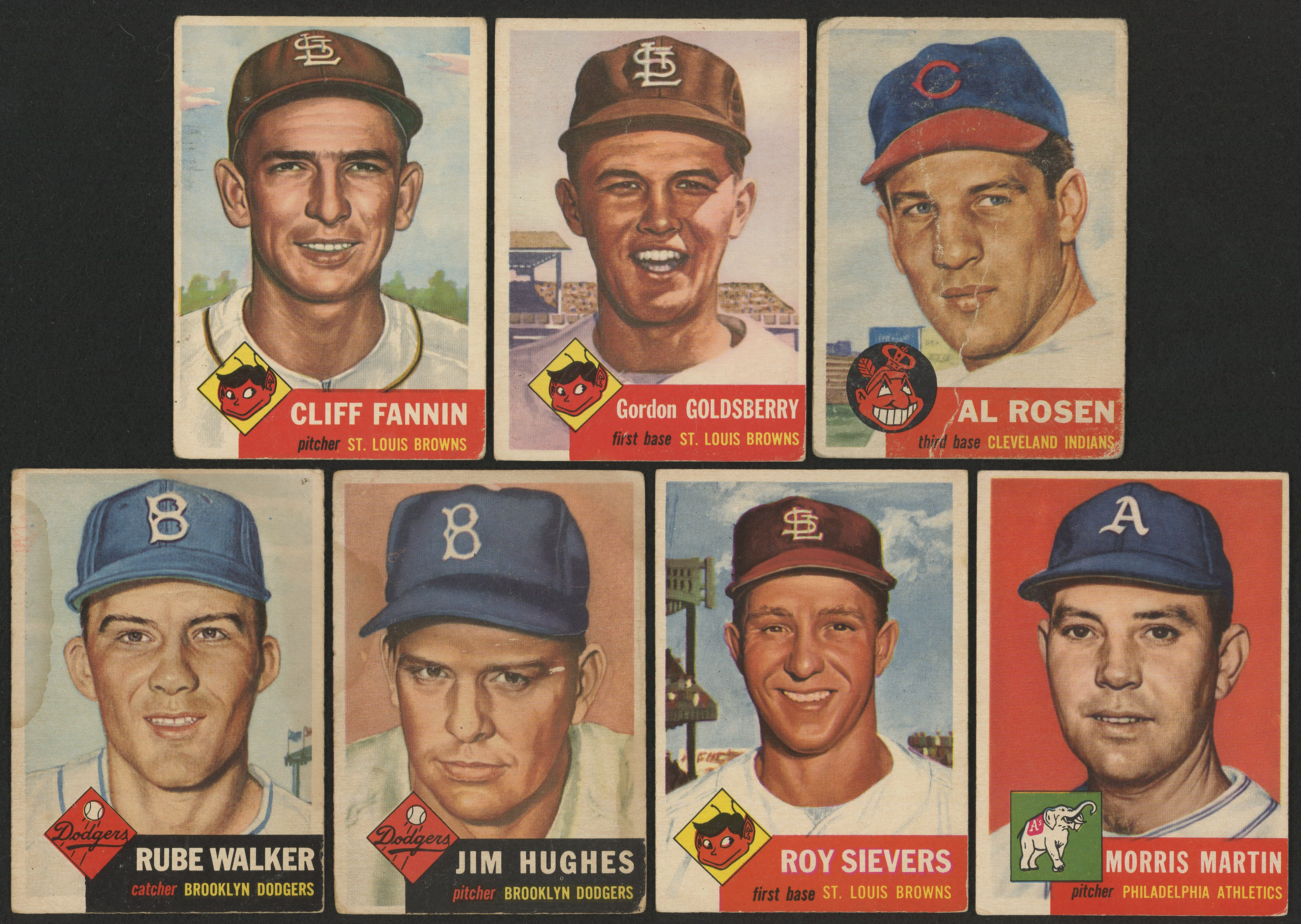 Lot of (7) 1953 Topps Baseball Cards with #135 Al Rosen, #200 Gordon Goldsberry, #203 Cliff Fannin, #227 Morrie Martin, #67 Roy Sievers, #216 Jim Hughes RC, #134 Rube Walker at PristineAuction.com Lot of (7) 1953 Topps Baseball Cards with #135 Al Rosen, #200 Gordon Goldsberry, #203 Cliff Fannin, #227 Morrie Martin, #67 Roy Sievers, #216 Jim Hughes RC, #134 Rube Walker at PristineAuction.com