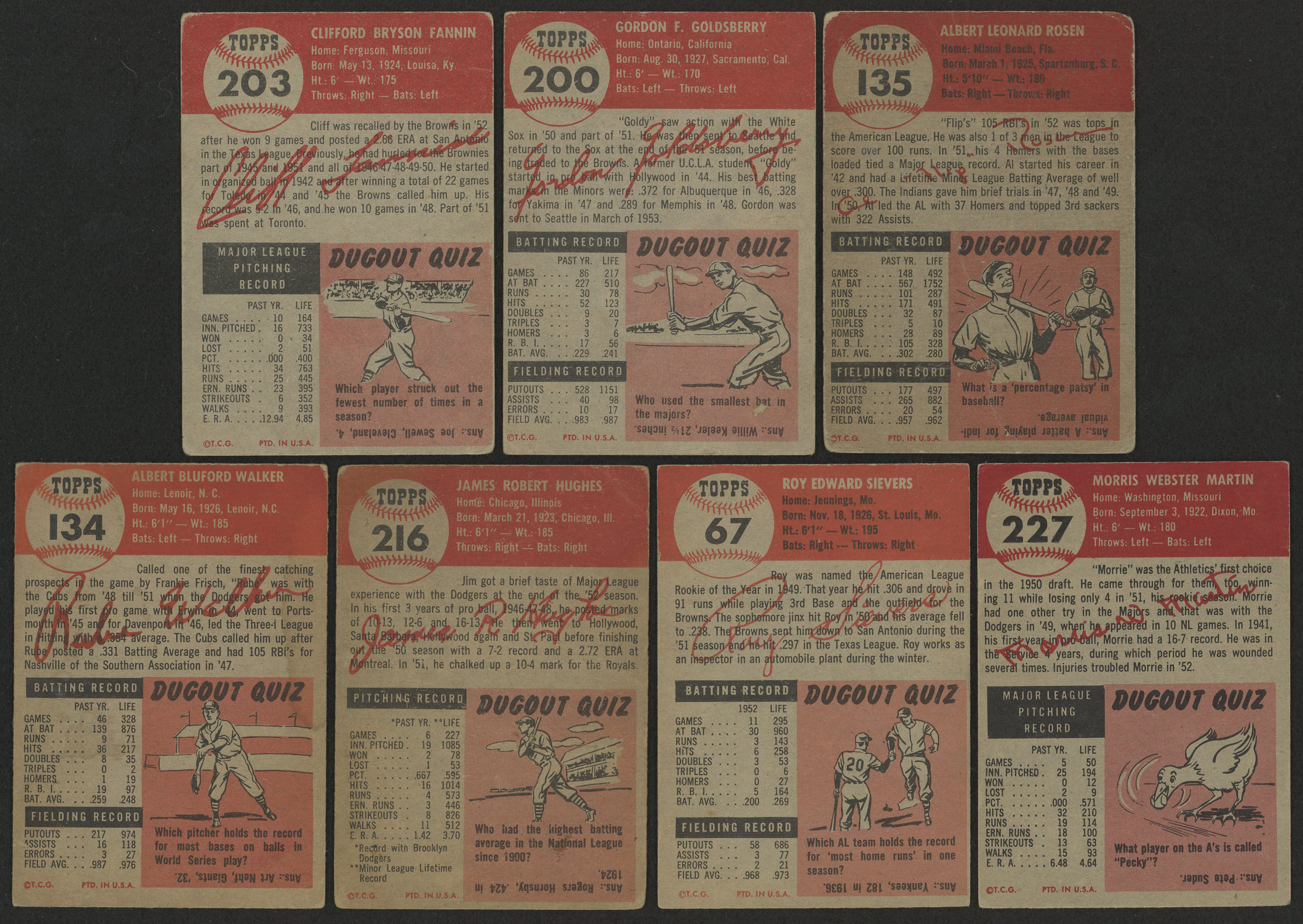 Lot of (7) 1953 Topps Baseball Cards with #135 Al Rosen, #200 Gordon Goldsberry, #203 Cliff Fannin, #227 Morrie Martin, #67 Roy Sievers, #216 Jim Hughes RC, #134 Rube Walker at PristineAuction.com Lot of (7) 1953 Topps Baseball Cards with #135 Al Rosen, #200 Gordon Goldsberry, #203 Cliff Fannin, #227 Morrie Martin, #67 Roy Sievers, #216 Jim Hughes RC, #134 Rube Walker at PristineAuction.com