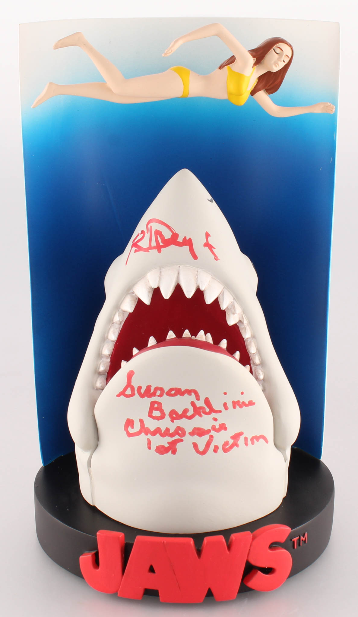 Richard Dreyfuss & Susan Backlinie Signed Jaws - Swimmer Poster Premium Motion Statue Inscribed "Chrissie" & "1st Victim" (JSA COA) at PristineAuction.com Richard Dreyfuss & Susan Backlinie Signed Jaws - Swimmer Poster Premium Motion Statue Inscribed "Chrissie" & "1st Victim" (JSA COA) at PristineAuction.com