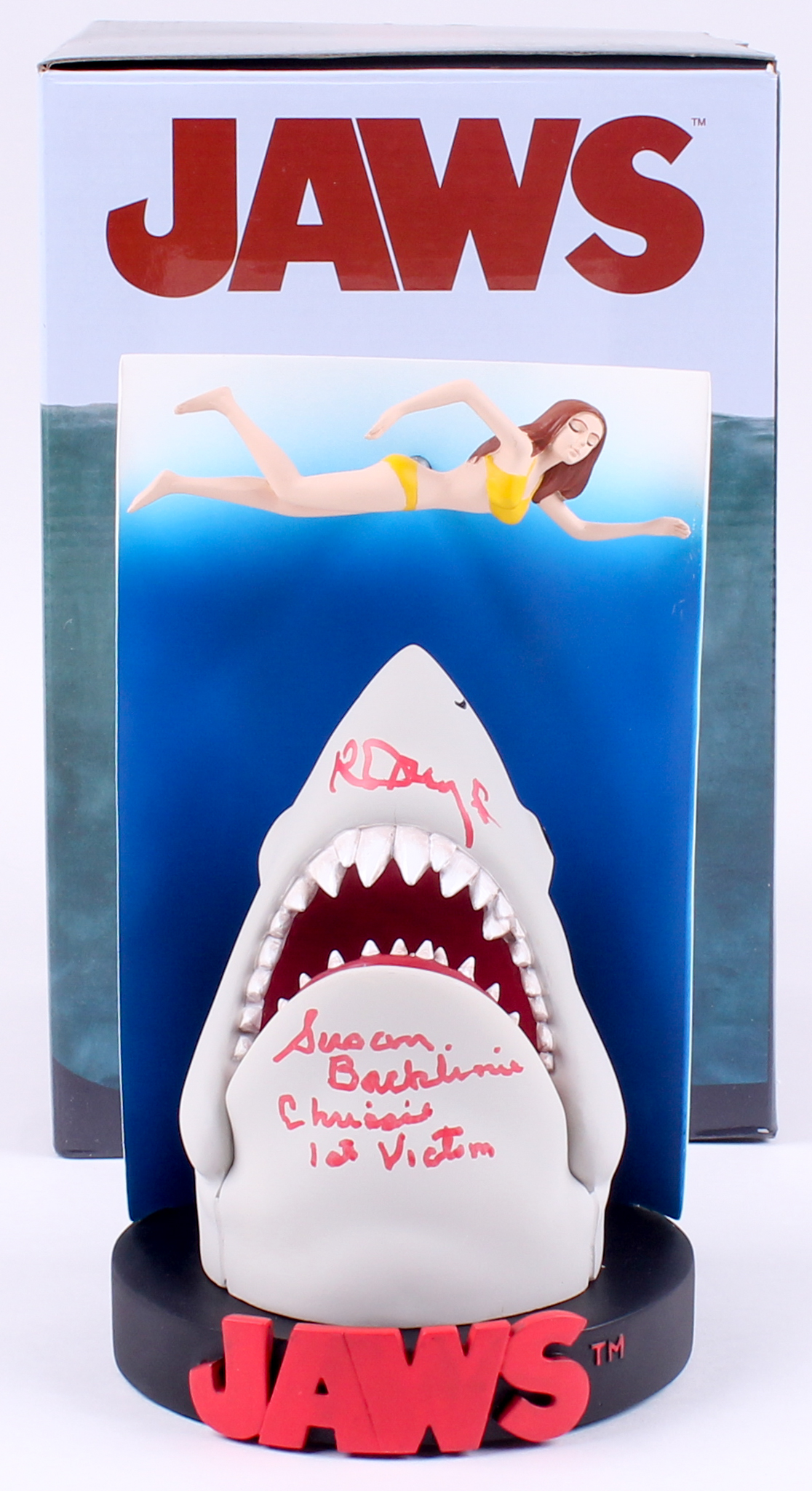 Richard Dreyfuss & Susan Backlinie Signed Jaws - Swimmer Poster Premium Motion Statue Inscribed "Chrissie" & "1st Victim" (JSA COA) at PristineAuction.com Richard Dreyfuss & Susan Backlinie Signed Jaws - Swimmer Poster Premium Motion Statue Inscribed "Chrissie" & "1st Victim" (JSA COA) at PristineAuction.com