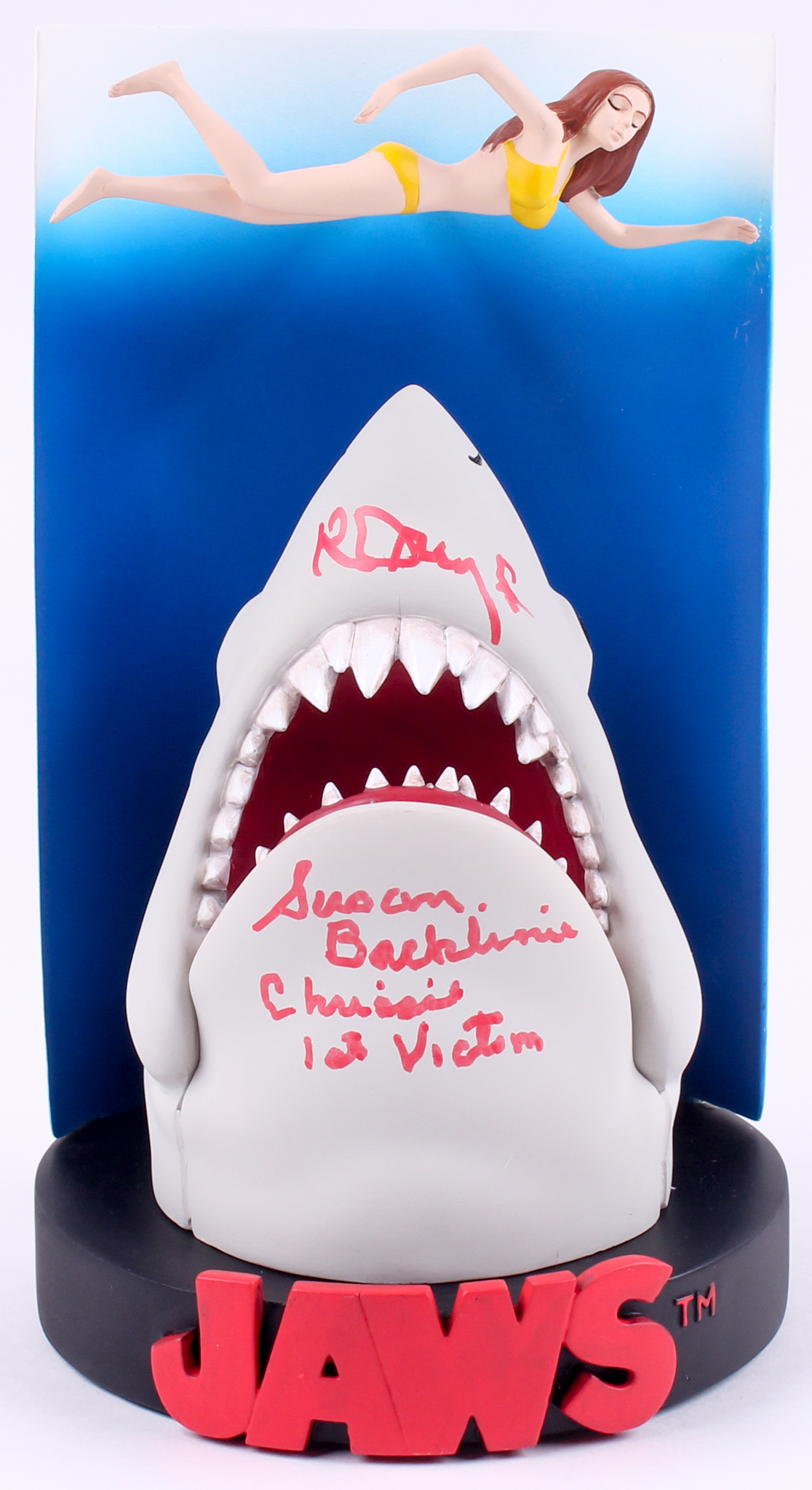 Richard Dreyfuss & Susan Backlinie Signed Jaws - Swimmer Poster Premium Motion Statue Inscribed "Chrissie" & "1st Victim" (JSA COA) at PristineAuction.com Richard Dreyfuss & Susan Backlinie Signed Jaws - Swimmer Poster Premium Motion Statue Inscribed "Chrissie" & "1st Victim" (JSA COA) at PristineAuction.com