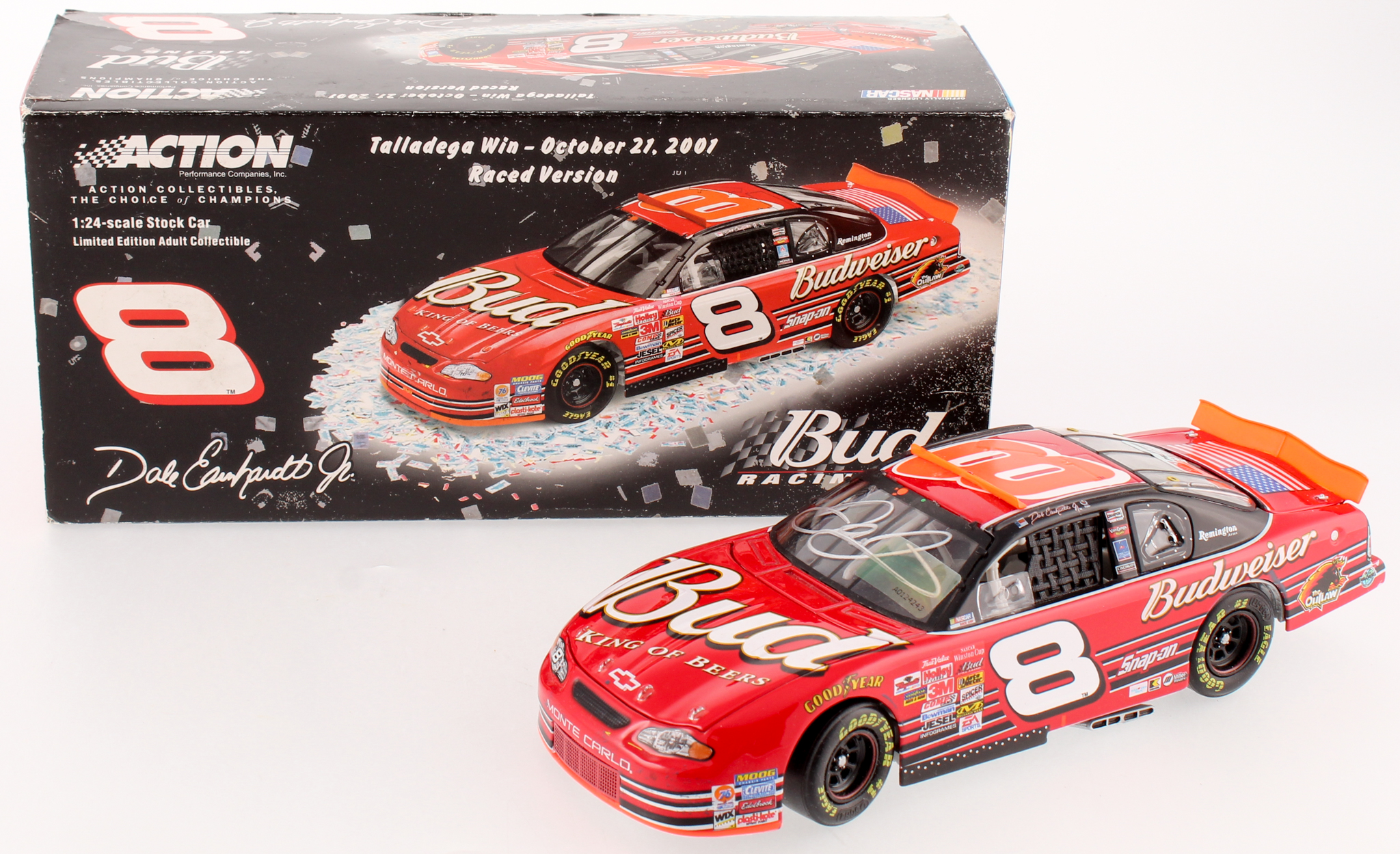 Dale Earnhardt Jr. Signed 2001 #8 Budweiser Talladega Win - Raced Version - 1:24 LE Premium Action Diecast Car (Dale Jr. Hologram) at PristineAuction.com Dale Earnhardt Jr. Signed 2001 #8 Budweiser Talladega Win - Raced Version - 1:24 LE Premium Action Diecast Car (Dale Jr. Hologram) at PristineAuction.com