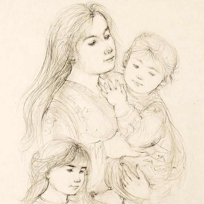 "Robert with Mother and Sister" LE 22x30 Lithograph by Edna Hibel (Artova) at PristineAuction.com "Robert with Mother and Sister" LE 22x30 Lithograph by Edna Hibel (Artova) at PristineAuction.com