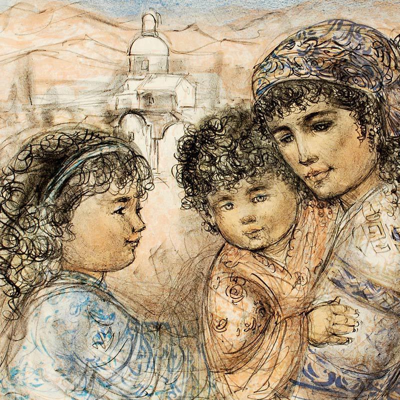 "Zalina with Aries and Ande" LE 35x25 Lithograph by Edna Hibel (Artova) at PristineAuction.com "Zalina with Aries and Ande" LE 35x25 Lithograph by Edna Hibel (Artova) at PristineAuction.com