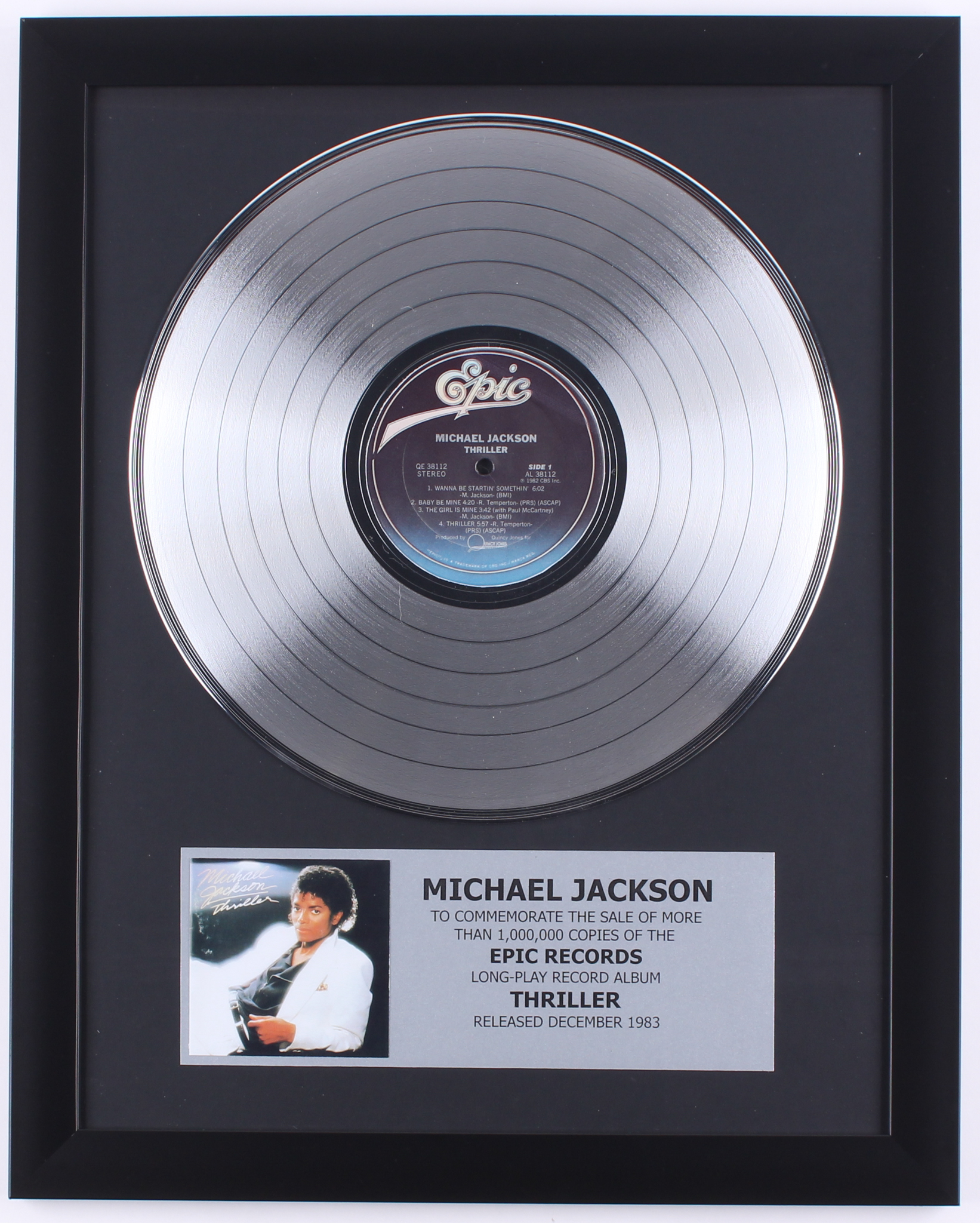 Michael Jackson Custom Framed 15.75x19.75 Platinum Plated "Thriller" Record Album Award Display at PristineAuction.com Michael Jackson Custom Framed 15.75x19.75 Platinum Plated "Thriller" Record Album Award Display at PristineAuction.com