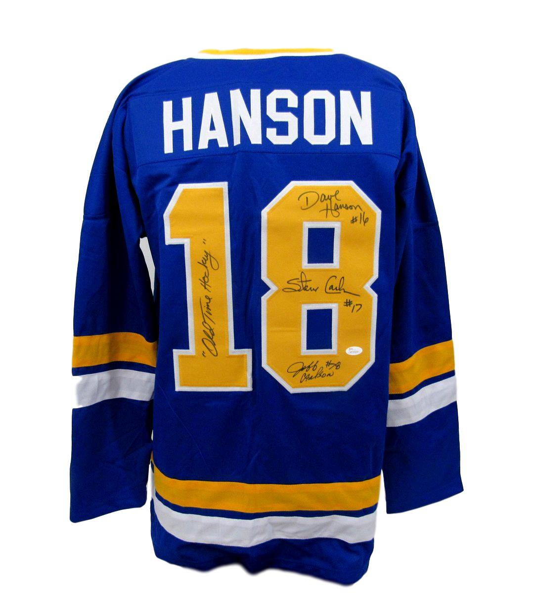 Dave Hanson, Steve Carlson & Jeff Carlson Signed "Slap Shot" Chiefs Hanson Brothers Jersey Inscribed "Old Time Hockey" (JSA COA) at PristineAuction.com Dave Hanson, Steve Carlson & Jeff Carlson Signed "Slap Shot" Chiefs Hanson Brothers Jersey Inscribed "Old Time Hockey" (JSA COA) at PristineAuction.com