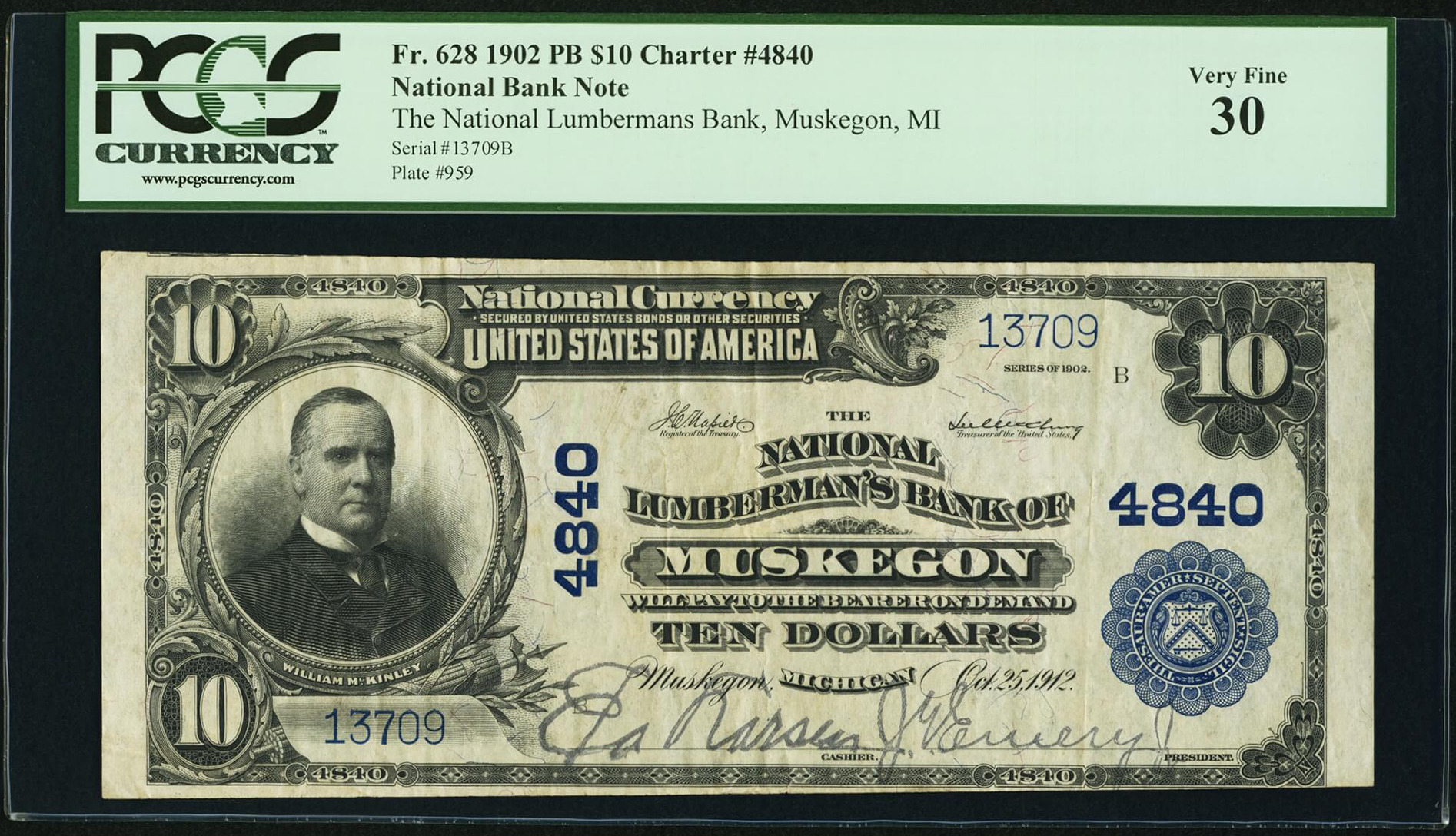1902 $10 Ten Dollars U.S. National Currency Large Size Bank Note - The National Lumbermans Bank of Muskegon, MI (PCGS 30) at PristineAuction.com 1902 $10 Ten Dollars U.S. National Currency Large Size Bank Note - The National Lumbermans Bank of Muskegon, MI (PCGS 30) at PristineAuction.com
