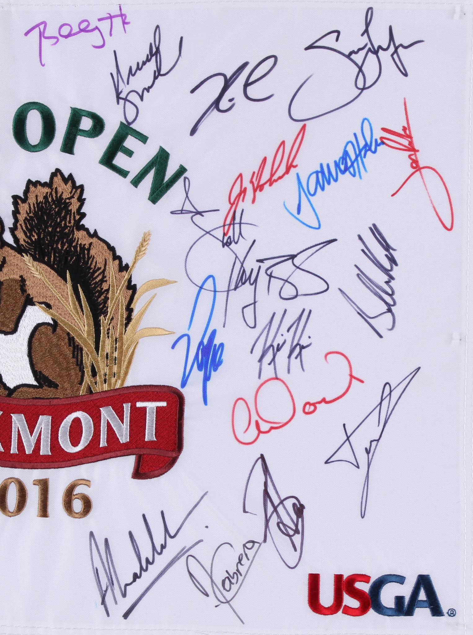 Oakmont 2016 U.S. Open Pin Flag Signed by (33) with Brooks Koepka, Rory McIlroy, Justin Thomas, Rickie Fowler, Patrick Reed (JSA ALOA) at PristineAuction.com Oakmont 2016 U.S. Open Pin Flag Signed by (33) with Brooks Koepka, Rory McIlroy, Justin Thomas, Rickie Fowler, Patrick Reed (JSA ALOA) at PristineAuction.com