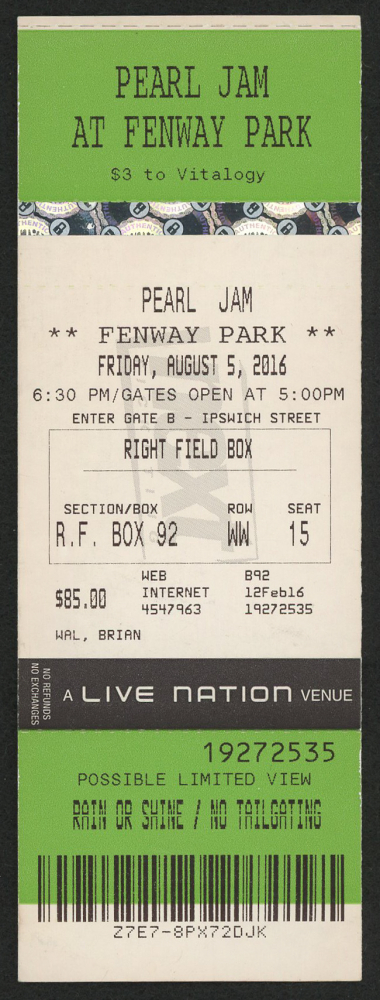 Pearl Jam Authentic Ticket Stub from August 5, 2016 | Pristine Auction