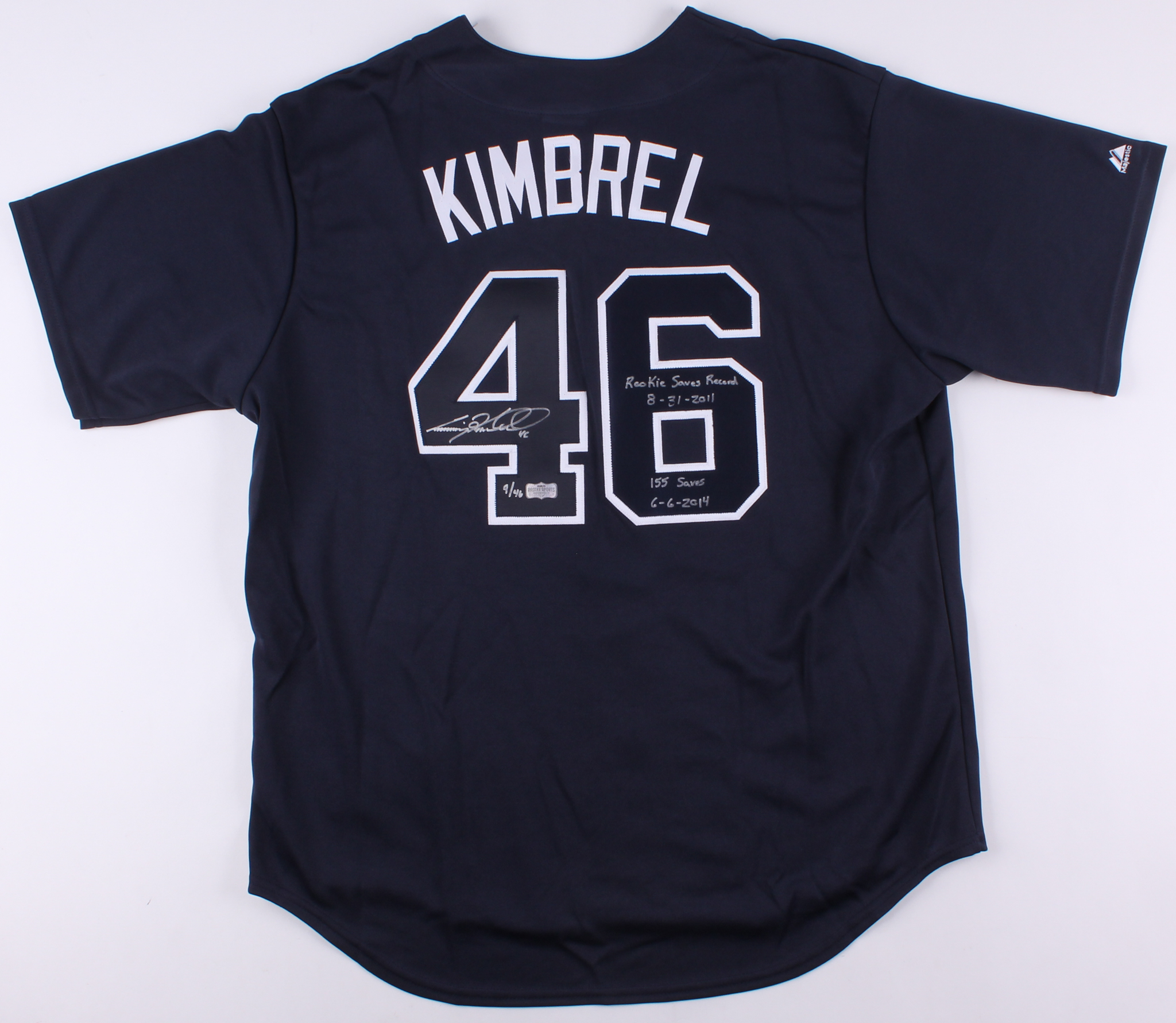 Craig Kimbrel Signed LE Braves Jersey Inscribed "Rookie Saves Record 8-31-2011" & "155 Saves 06-06-2014" (Radtke COA) at PristineAuction.com Craig Kimbrel Signed LE Braves Jersey Inscribed "Rookie Saves Record 8-31-2011" & "155 Saves 06-06-2014" (Radtke COA) at PristineAuction.com