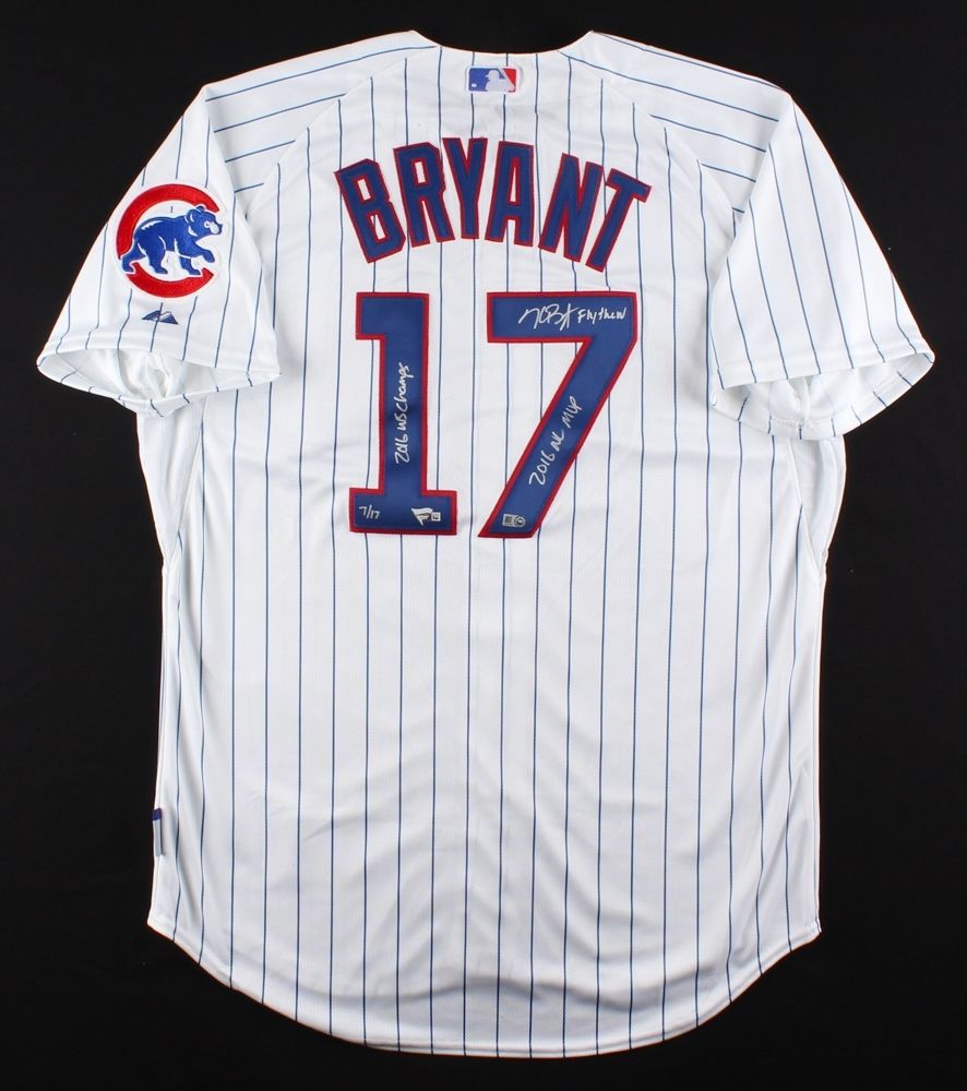 Kris Bryant Signed Cubs Majestic Authentic Jersey Inscribed "2016 WS Champs, "2016 NL MVP" & "Fly The W" (Fanatics Hologram & MLB Hologram) at PristineAuction.com Kris Bryant Signed Cubs Majestic Authentic Jersey Inscribed "2016 WS Champs, "2016 NL MVP" & "Fly The W" (Fanatics Hologram & MLB Hologram) at PristineAuction.com