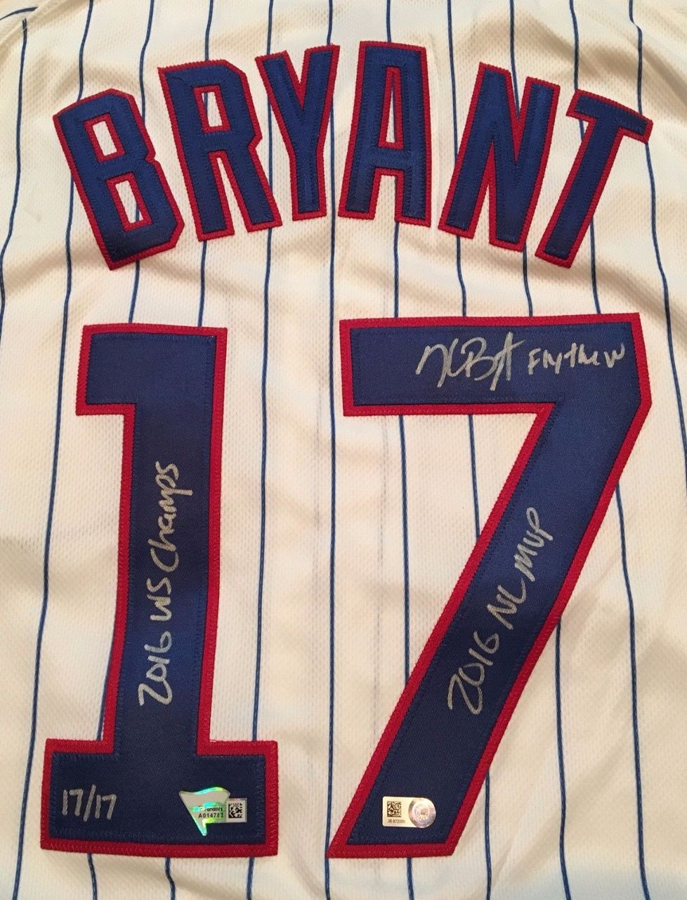 Kris Bryant Signed Cubs Majestic Authentic Jersey Inscribed "2016 WS Champs, "2016 NL MVP" & "Fly The W" (Fanatics Hologram & MLB Hologram) at PristineAuction.com Kris Bryant Signed Cubs Majestic Authentic Jersey Inscribed "2016 WS Champs, "2016 NL MVP" & "Fly The W" (Fanatics Hologram & MLB Hologram) at PristineAuction.com
