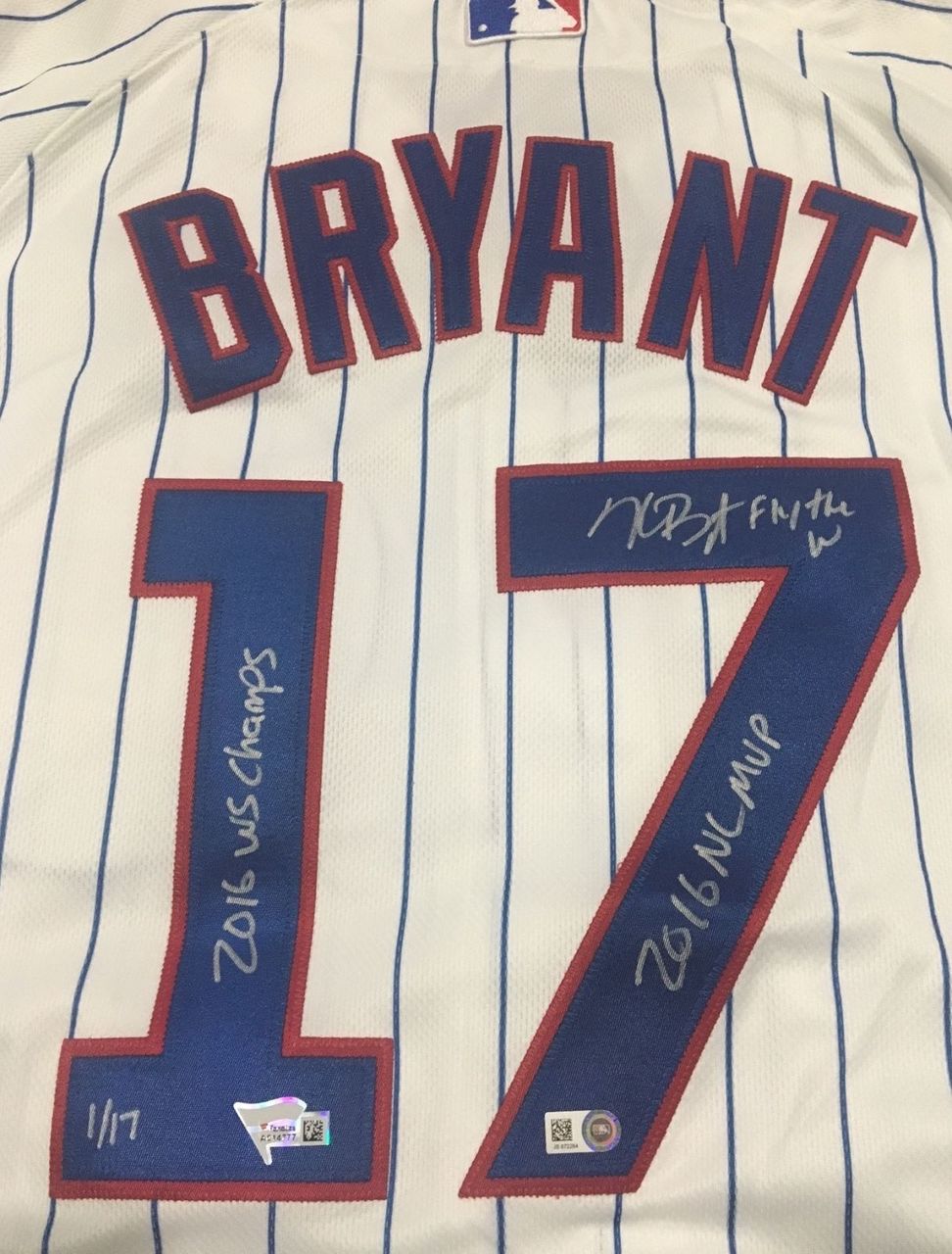 Kris Bryant Signed Cubs Majestic Authentic Jersey Inscribed "2016 WS Champs, "2016 NL MVP" & "Fly The W" (Fanatics Hologram & MLB Hologram) at PristineAuction.com Kris Bryant Signed Cubs Majestic Authentic Jersey Inscribed "2016 WS Champs, "2016 NL MVP" & "Fly The W" (Fanatics Hologram & MLB Hologram) at PristineAuction.com