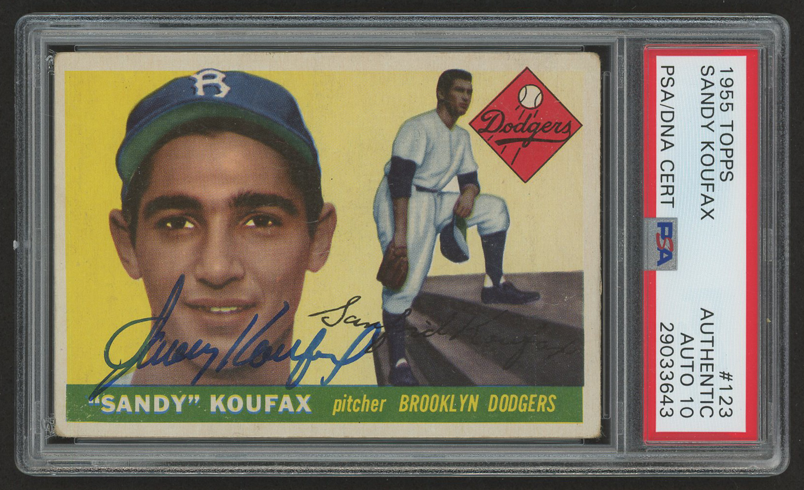 Sandy Koufax Signed 1955 Topps #123 RC (PSA Encapsulated & Auto Grade 10) at PristineAuction.com Sandy Koufax Signed 1955 Topps #123 RC (PSA Encapsulated & Auto Grade 10) at PristineAuction.com
