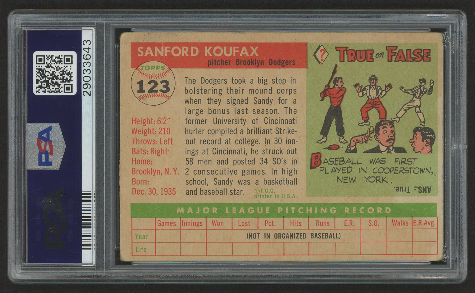 Sandy Koufax Signed 1955 Topps #123 RC (PSA Encapsulated & Auto Grade 10) at PristineAuction.com Sandy Koufax Signed 1955 Topps #123 RC (PSA Encapsulated & Auto Grade 10) at PristineAuction.com