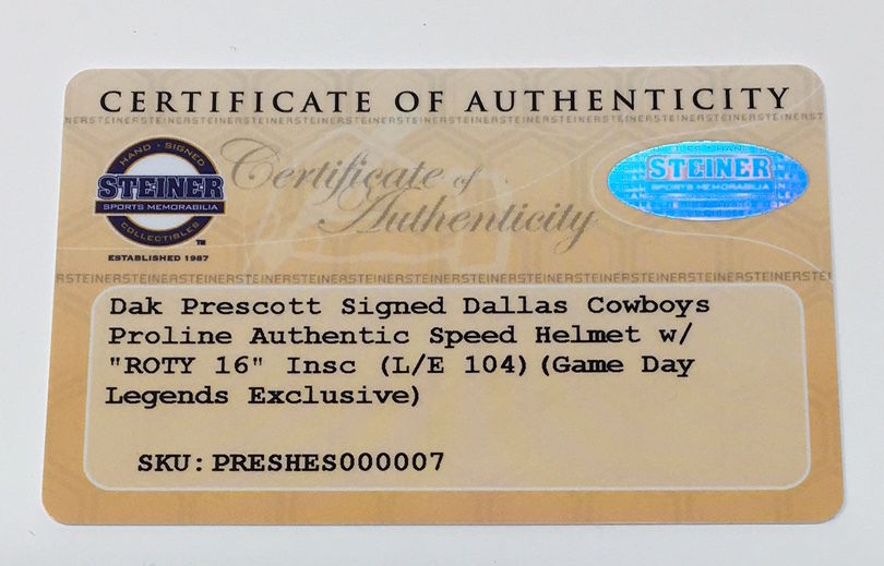 Dak Prescott Signed Cowboys Limited Edition Full-Size Authentic On-Field Helmet Inscribed "ROTY 16" (Steiner COA) at PristineAuction.com Dak Prescott Signed Cowboys Limited Edition Full-Size Authentic On-Field Helmet Inscribed "ROTY 16" (Steiner COA) at PristineAuction.com