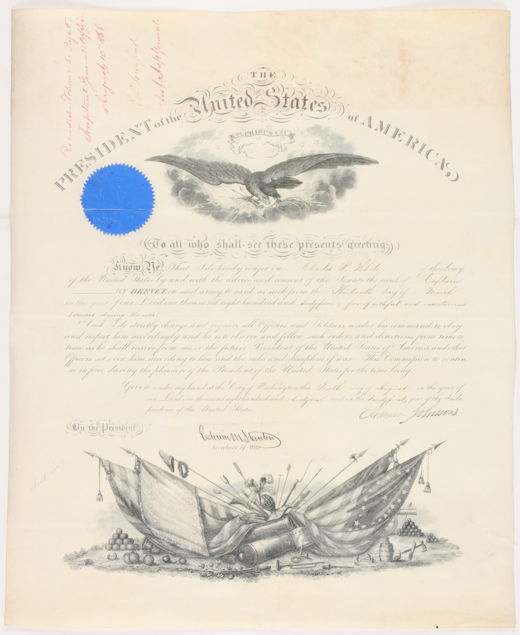 Andrew Johnson Stamp Signed 1865 Military Commission Document at PristineAuction.com Andrew Johnson Stamp Signed 1865 Military Commission Document at PristineAuction.com