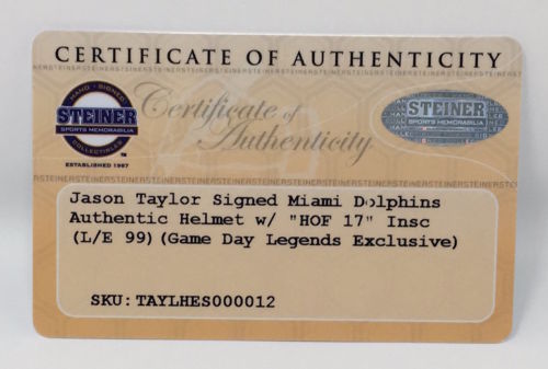 Jason Taylor Signed Dolphins Limited Edition Full-Size Authentic On-Field Helmet Inscribed "HOF 17" (Steiner COA) at PristineAuction.com Jason Taylor Signed Dolphins Limited Edition Full-Size Authentic On-Field Helmet Inscribed "HOF 17" (Steiner COA) at PristineAuction.com