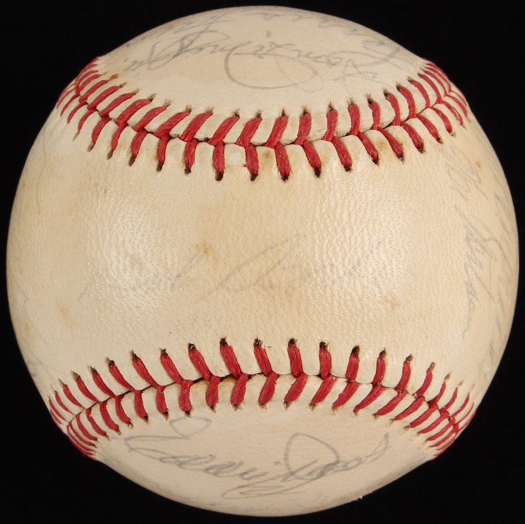 1952 MLB All-Stars ONL Baseball Signed by (22) with Mickey Mantle, Enos Slaughter, Robin Roberts, Dom DiMaggio, Ferris Fain (PSA LOA) at PristineAuction.com 1952 MLB All-Stars ONL Baseball Signed by (22) with Mickey Mantle, Enos Slaughter, Robin Roberts, Dom DiMaggio, Ferris Fain (PSA LOA) at PristineAuction.com