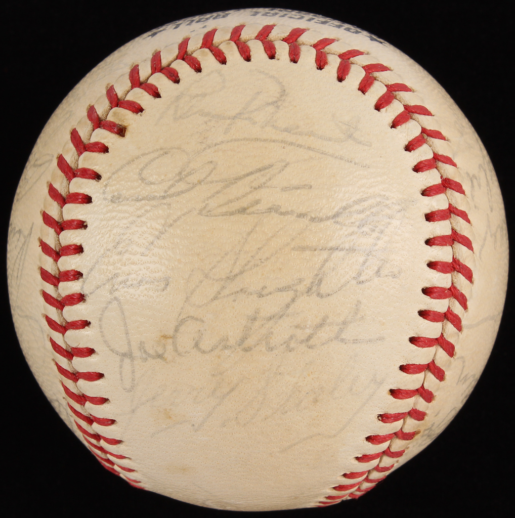 1952 MLB All-Stars ONL Baseball Signed by (22) with Mickey Mantle, Enos Slaughter, Robin Roberts, Dom DiMaggio, Ferris Fain (PSA LOA) at PristineAuction.com 1952 MLB All-Stars ONL Baseball Signed by (22) with Mickey Mantle, Enos Slaughter, Robin Roberts, Dom DiMaggio, Ferris Fain (PSA LOA) at PristineAuction.com