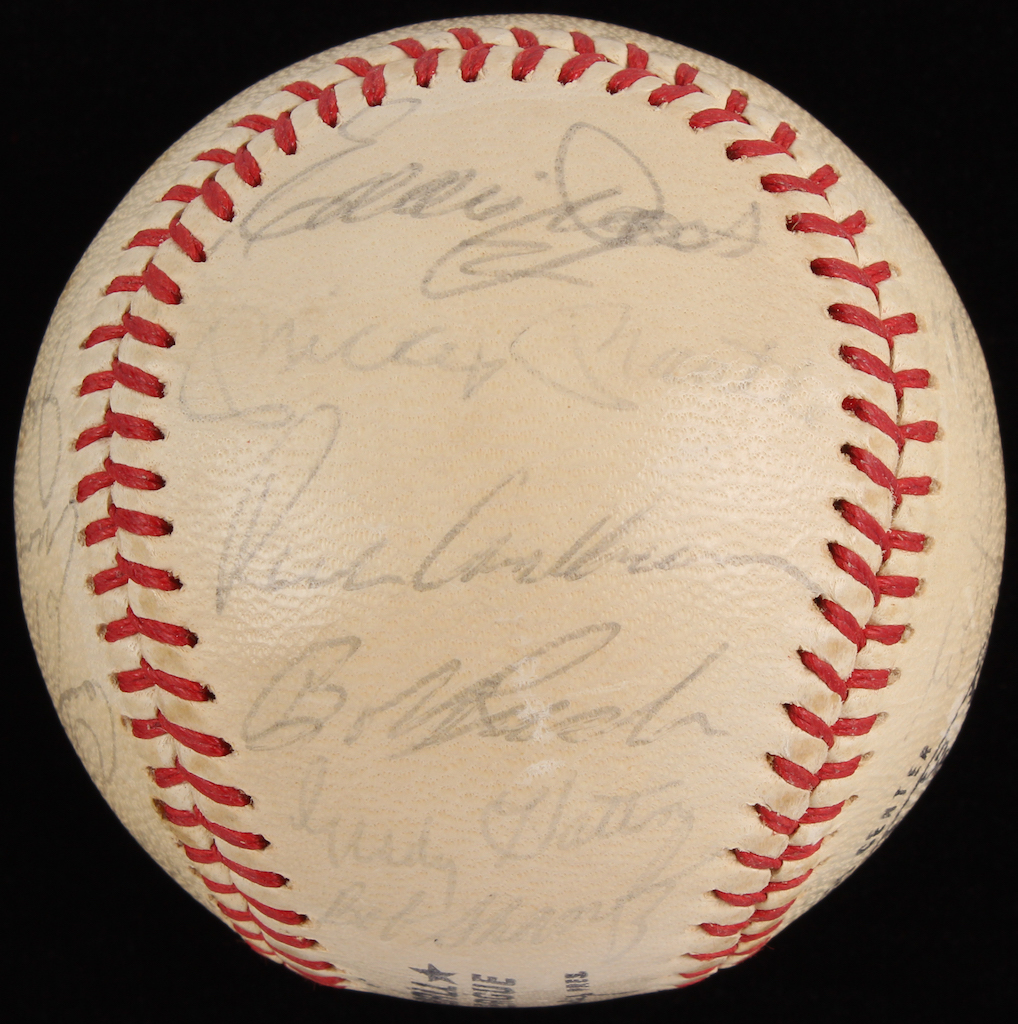 1952 MLB All-Stars ONL Baseball Signed by (22) with Mickey Mantle, Enos Slaughter, Robin Roberts, Dom DiMaggio, Ferris Fain (PSA LOA) at PristineAuction.com 1952 MLB All-Stars ONL Baseball Signed by (22) with Mickey Mantle, Enos Slaughter, Robin Roberts, Dom DiMaggio, Ferris Fain (PSA LOA) at PristineAuction.com