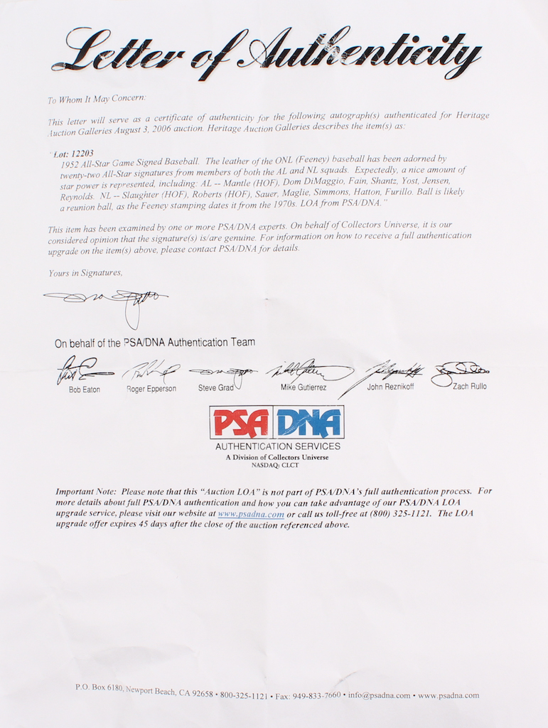 1952 MLB All-Stars ONL Baseball Signed by (22) with Mickey Mantle, Enos Slaughter, Robin Roberts, Dom DiMaggio, Ferris Fain (PSA LOA) at PristineAuction.com 1952 MLB All-Stars ONL Baseball Signed by (22) with Mickey Mantle, Enos Slaughter, Robin Roberts, Dom DiMaggio, Ferris Fain (PSA LOA) at PristineAuction.com