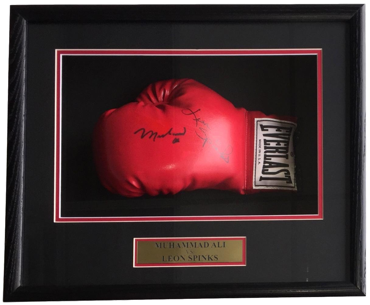 Muhammad Ali & Leon Spinks Signed 18x19x4 Custom Framed Boxing Glove Shadowbox Display (JSA ALOA) at PristineAuction.com Muhammad Ali & Leon Spinks Signed 18x19x4 Custom Framed Boxing Glove Shadowbox Display (JSA ALOA) at PristineAuction.com