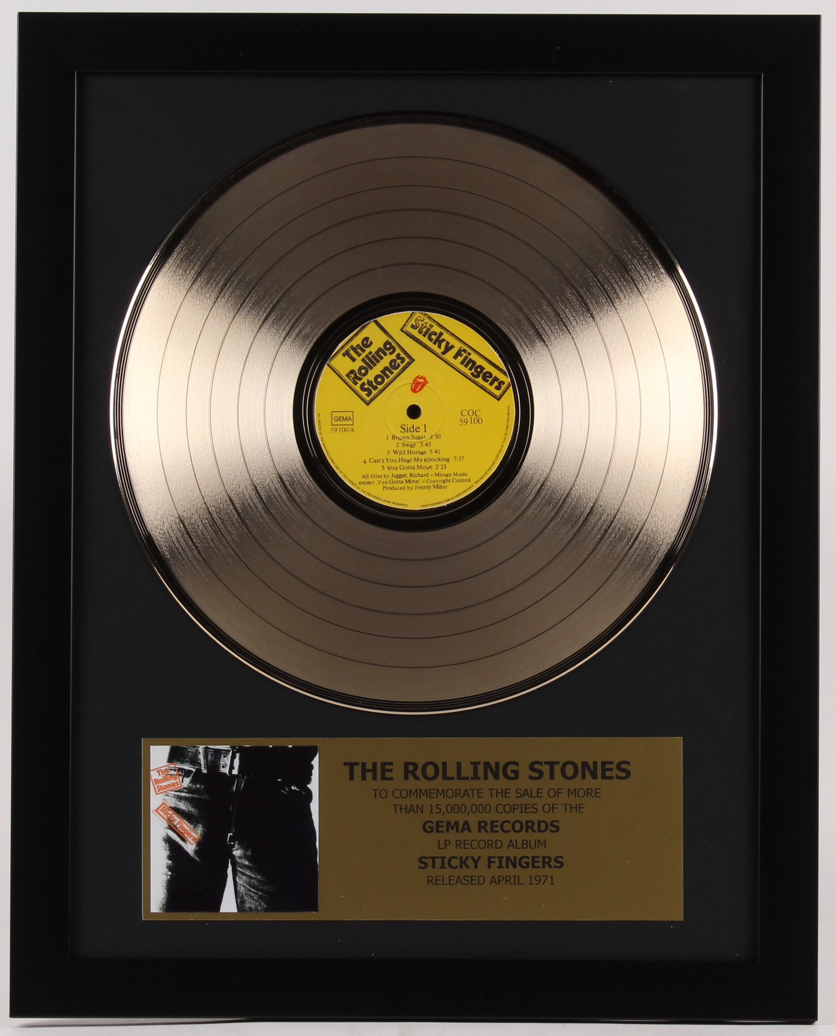 The Rolling Stones Custom Framed 15.75x19.75 Gold Plated "Sticky Fingers" Record Album Award Display at PristineAuction.com The Rolling Stones Custom Framed 15.75x19.75 Gold Plated "Sticky Fingers" Record Album Award Display at PristineAuction.com