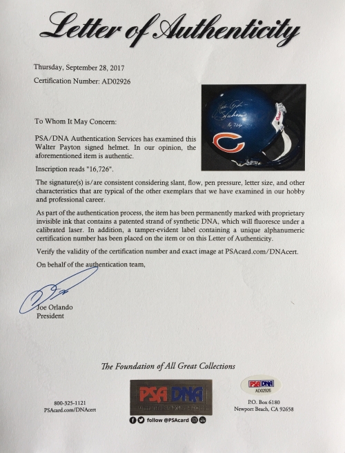 Walter Payton Signed Riddell Bears Full-Size Authentic On-Field Helmet ...