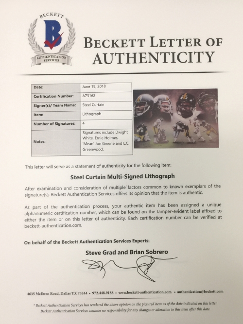 Steelers "Steel Curtain" Signed LE 24x33 Lithograph Signed by (4) with Mean Joe Greene, Ernie Holmes, L.C. Greenwood & Dwight White (Beckett LOA) at PristineAuction.com Steelers "Steel Curtain" Signed LE 24x33 Lithograph Signed by (4) with Mean Joe Greene, Ernie Holmes, L.C. Greenwood & Dwight White (Beckett LOA) at PristineAuction.com