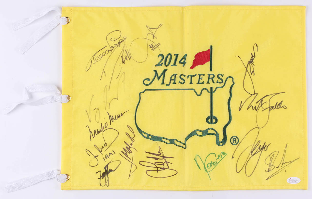 2014 Masters Golf Pin Flag Signed by (14) With Jordan Spieth, Mark O'Meara, Angel Cabrera, Adam Scott (JSA LOA) at PristineAuction.com 2014 Masters Golf Pin Flag Signed by (14) With Jordan Spieth, Mark O'Meara, Angel Cabrera, Adam Scott (JSA LOA) at PristineAuction.com