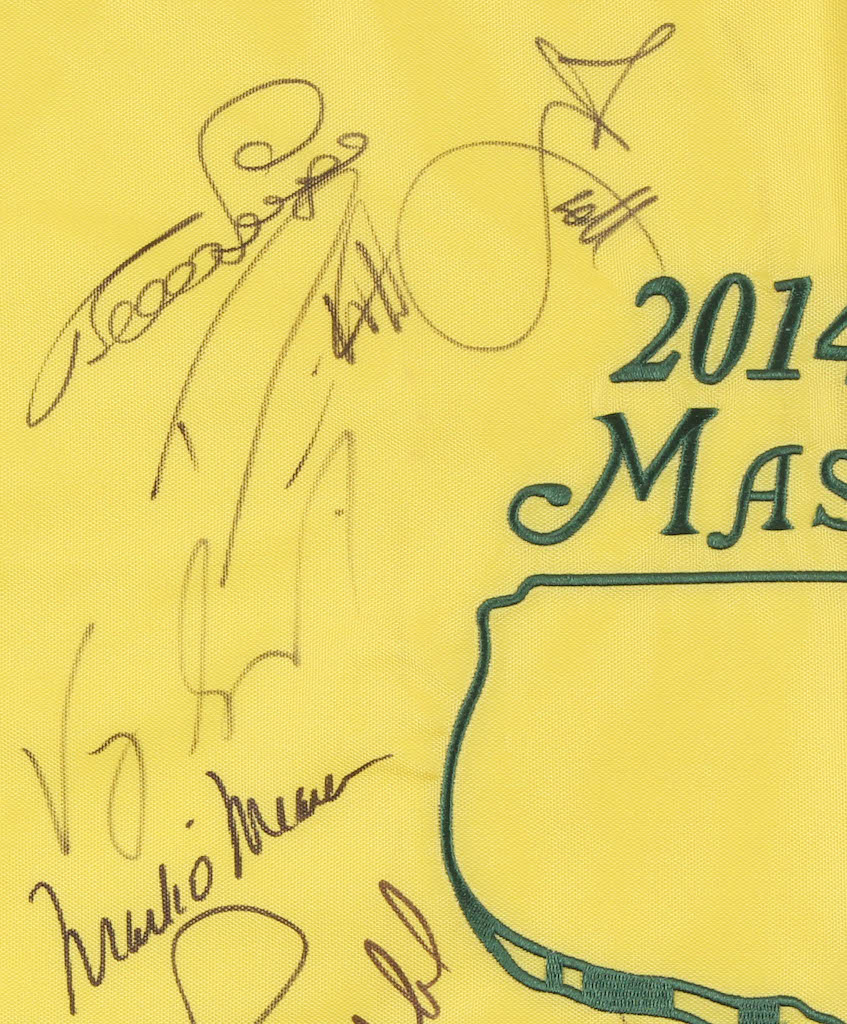 2014 Masters Golf Pin Flag Signed by (14) With Jordan Spieth, Mark O'Meara, Angel Cabrera, Adam Scott (JSA LOA) at PristineAuction.com 2014 Masters Golf Pin Flag Signed by (14) With Jordan Spieth, Mark O'Meara, Angel Cabrera, Adam Scott (JSA LOA) at PristineAuction.com