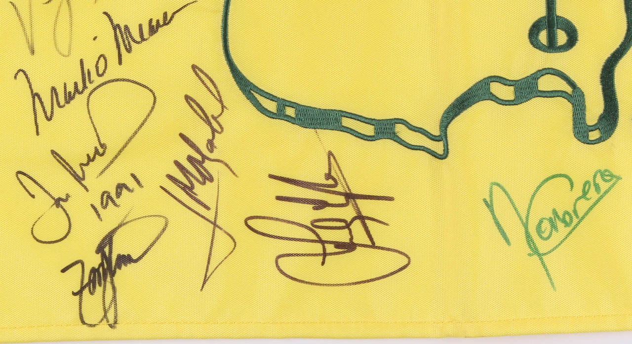 2014 Masters Golf Pin Flag Signed by (14) With Jordan Spieth, Mark O'Meara, Angel Cabrera, Adam Scott (JSA LOA) at PristineAuction.com 2014 Masters Golf Pin Flag Signed by (14) With Jordan Spieth, Mark O'Meara, Angel Cabrera, Adam Scott (JSA LOA) at PristineAuction.com