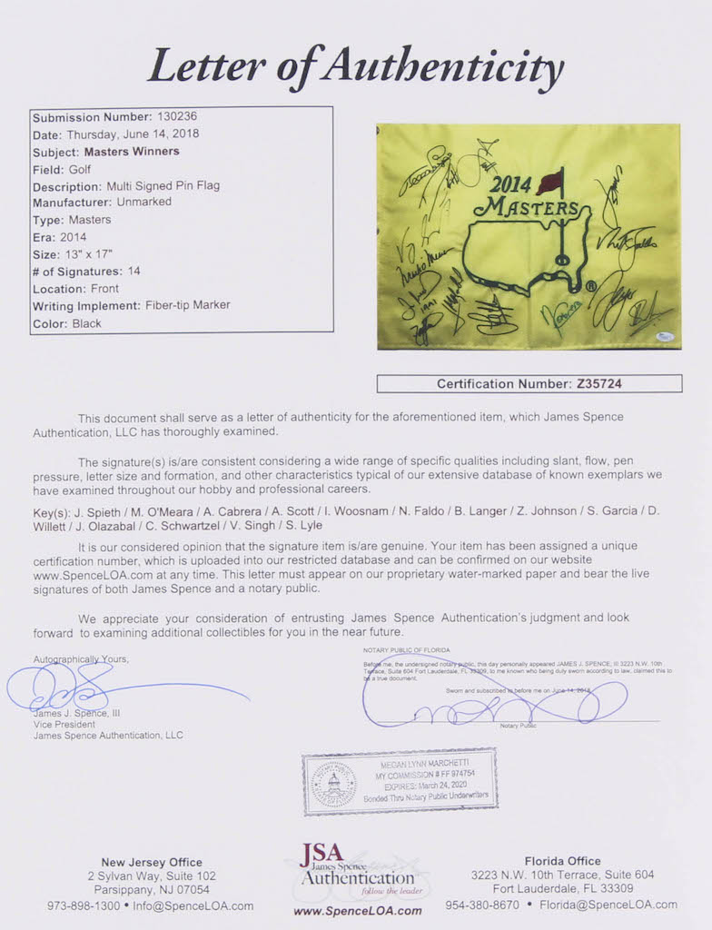 2014 Masters Golf Pin Flag Signed by (14) With Jordan Spieth, Mark O'Meara, Angel Cabrera, Adam Scott (JSA LOA) at PristineAuction.com 2014 Masters Golf Pin Flag Signed by (14) With Jordan Spieth, Mark O'Meara, Angel Cabrera, Adam Scott (JSA LOA) at PristineAuction.com