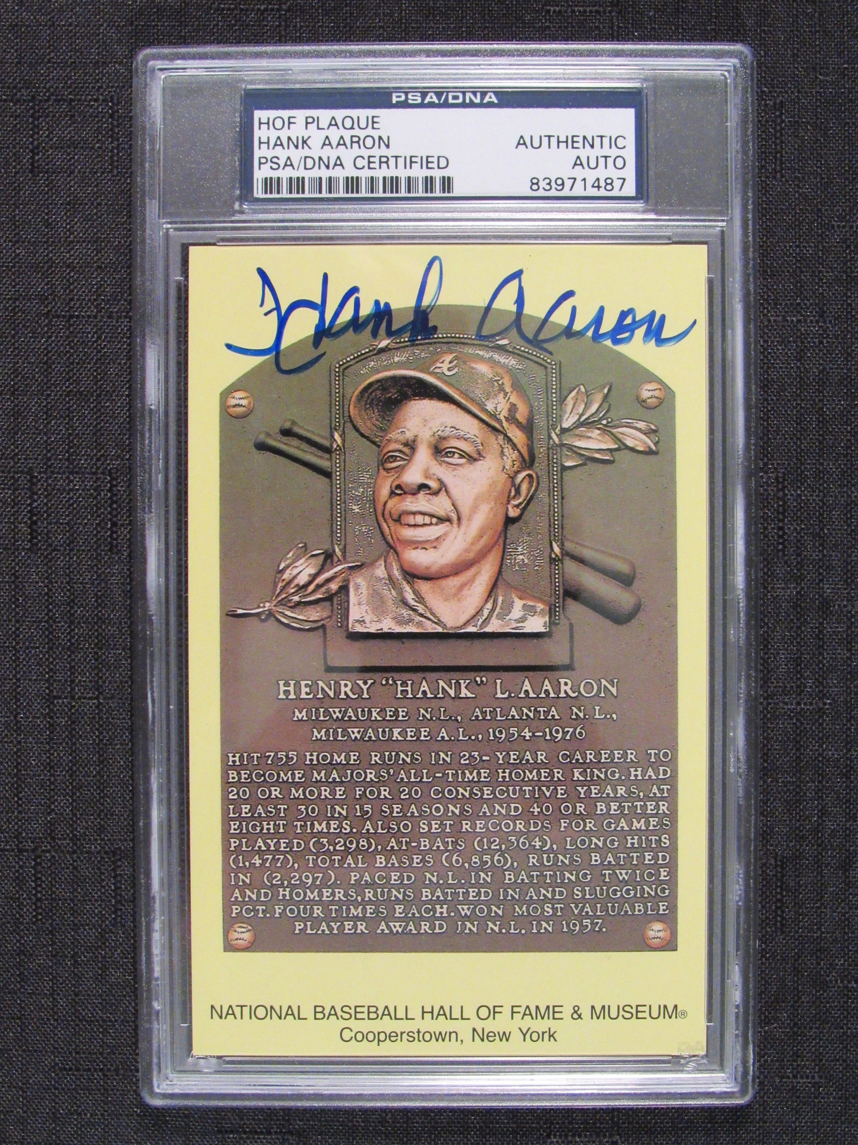 Hank Aaron Signed Gold Hall of Fame Plaque Postcard (PSA Encapsulated) at PristineAuction.com Hank Aaron Signed Gold Hall of Fame Plaque Postcard (PSA Encapsulated) at PristineAuction.com