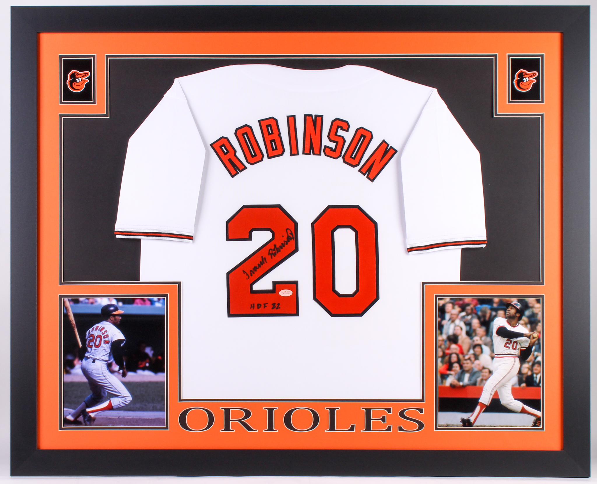 Frank Robinson Signed Orioles 35.5x43.5 Custom Framed Jersey Display Inscribed "HOF 82" (JSA) at PristineAuction.com Frank Robinson Signed Orioles 35.5x43.5 Custom Framed Jersey Display Inscribed "HOF 82" (JSA) at PristineAuction.com
